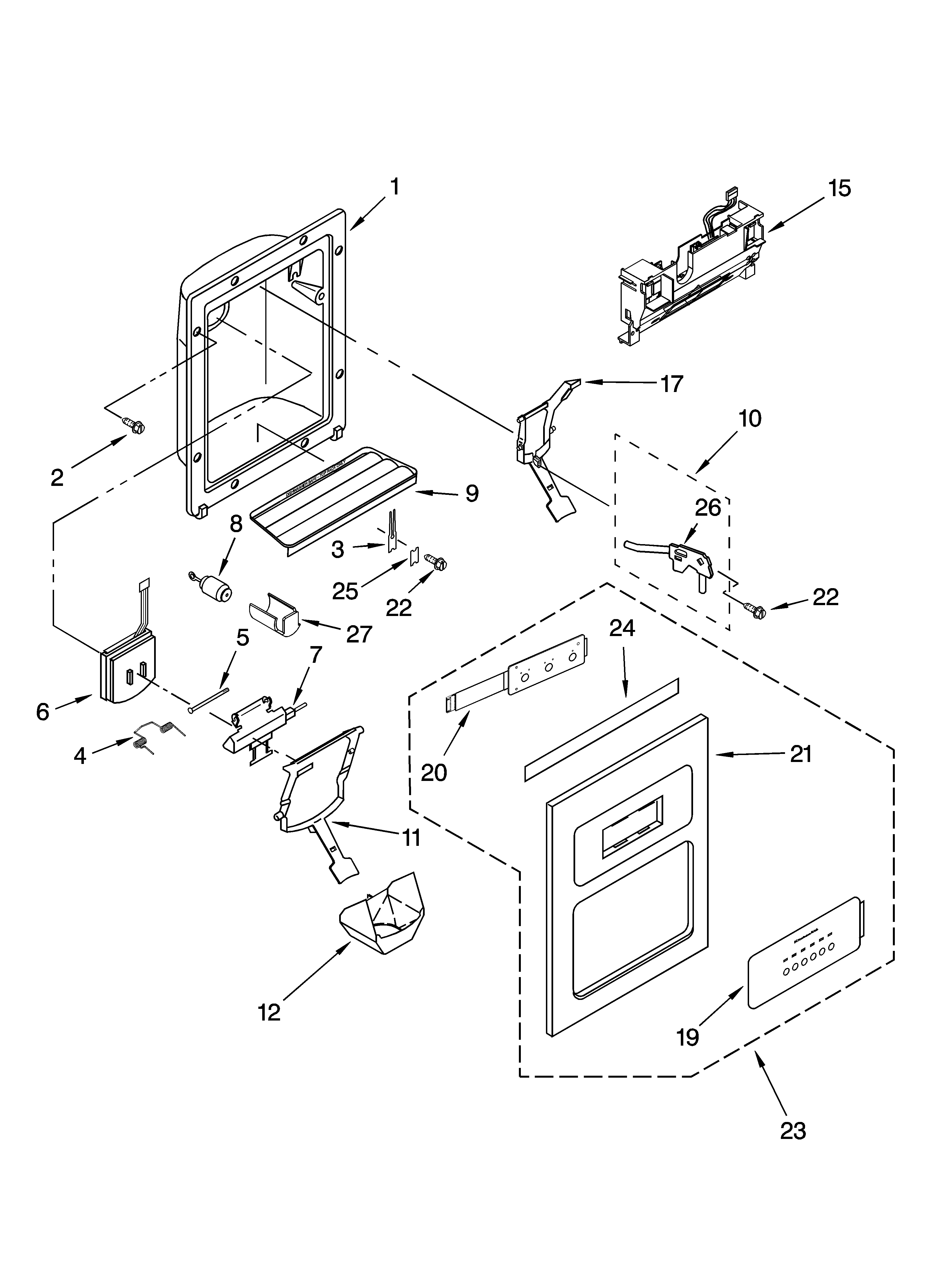 KitchenAid KSRP25FSBT00 dispenser front parts diagram