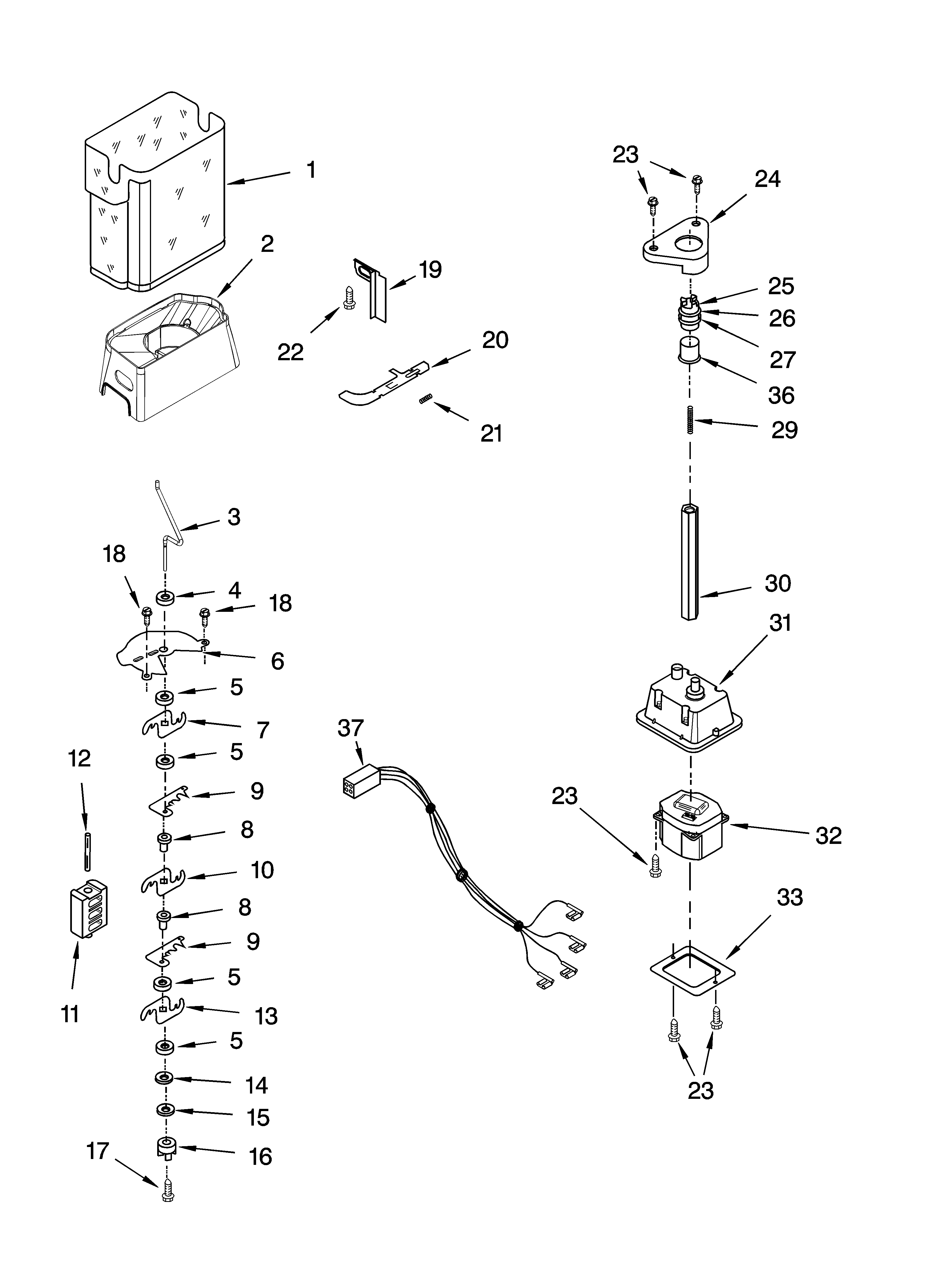 KitchenAid KSRU25CRST01 motor and ice container parts diagram