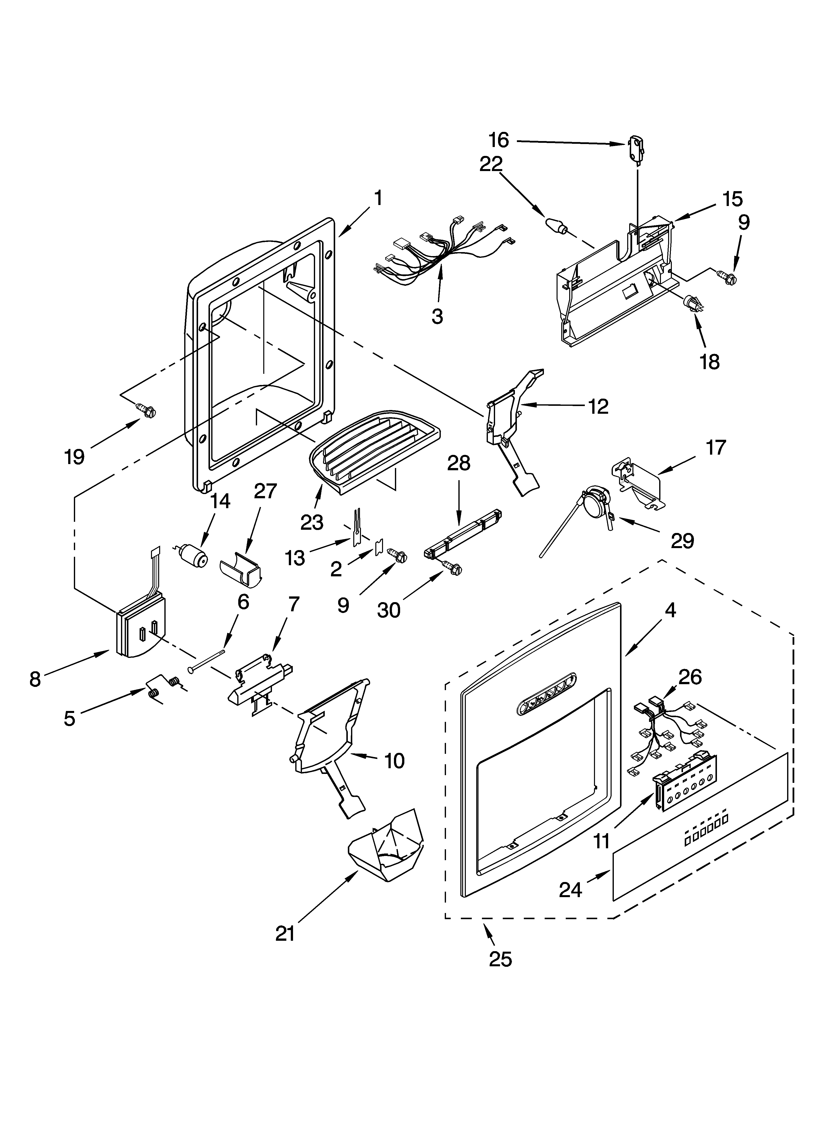 KitchenAid KSSC42QMS02 dispenser and front parts diagram