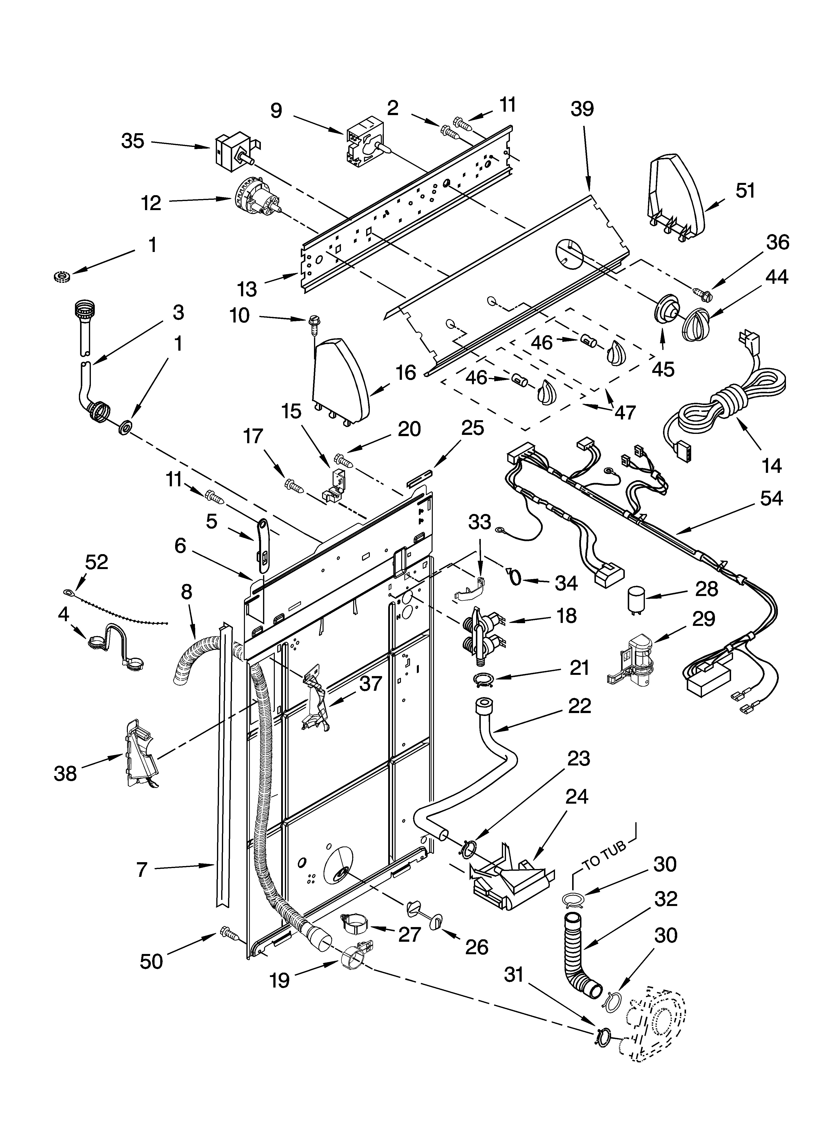 Whirlpool LBR5432PT2 controls and rear panel parts diagram