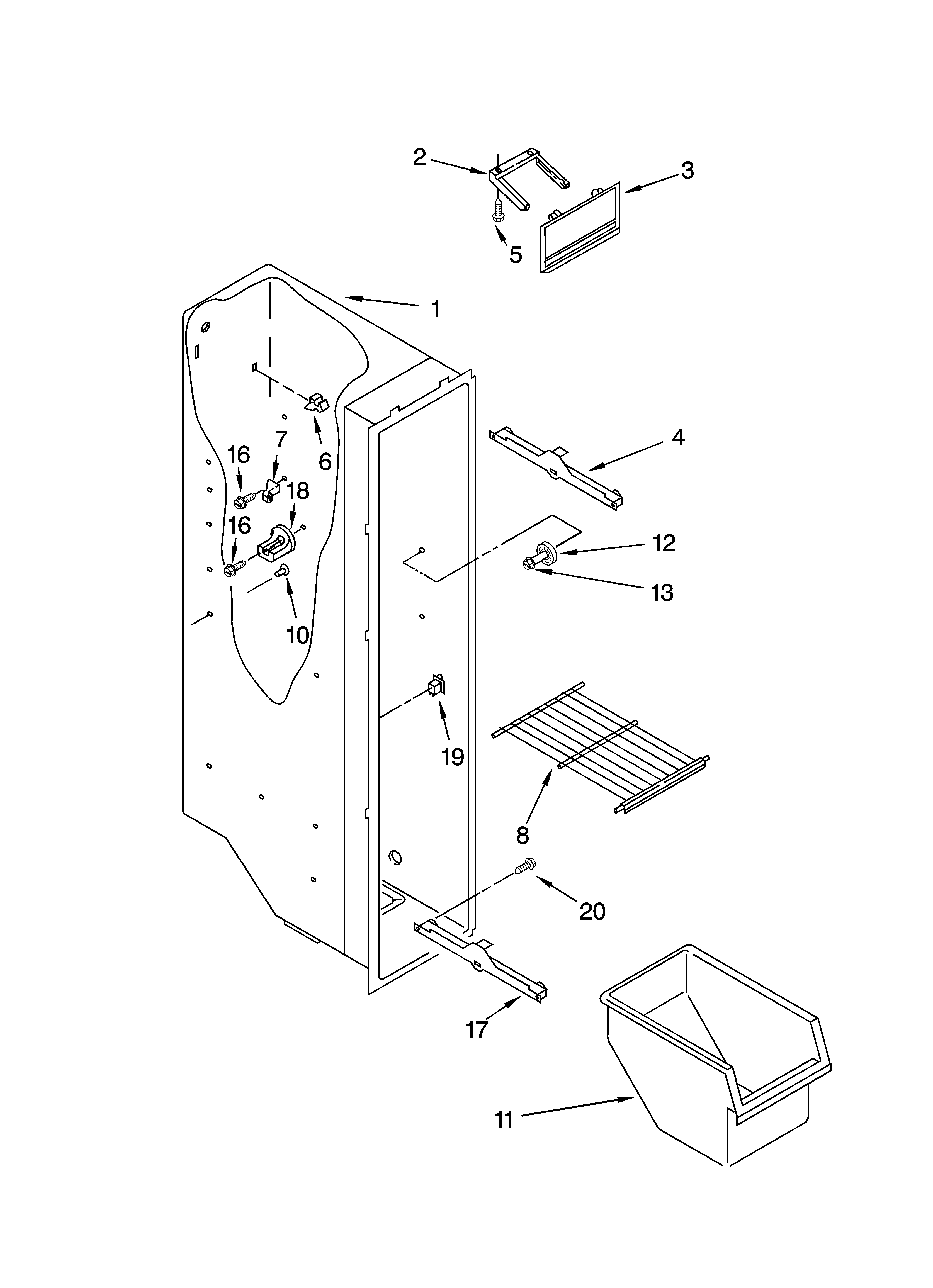 Roper RS22AQXMQ01 freezer liner parts diagram