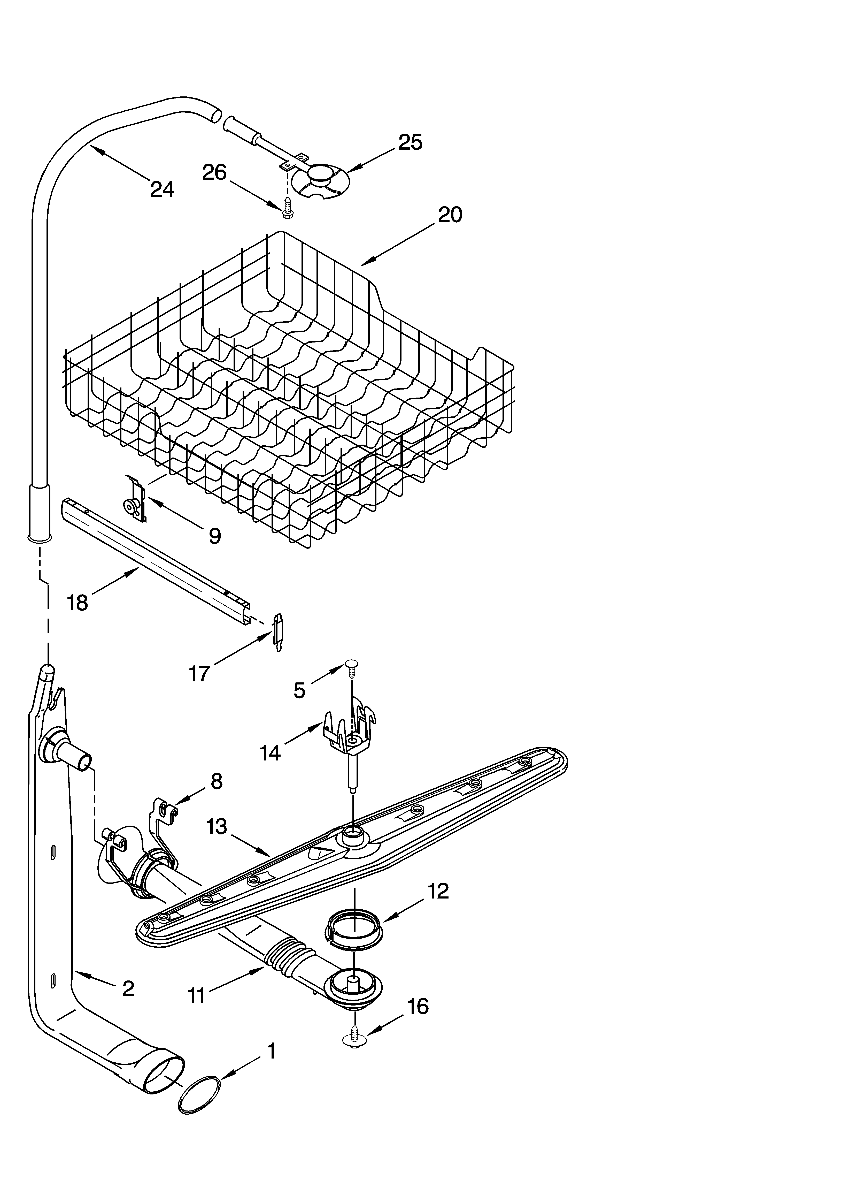 Roper RUD6050RD2 upper dishrack and water feed parts diagram