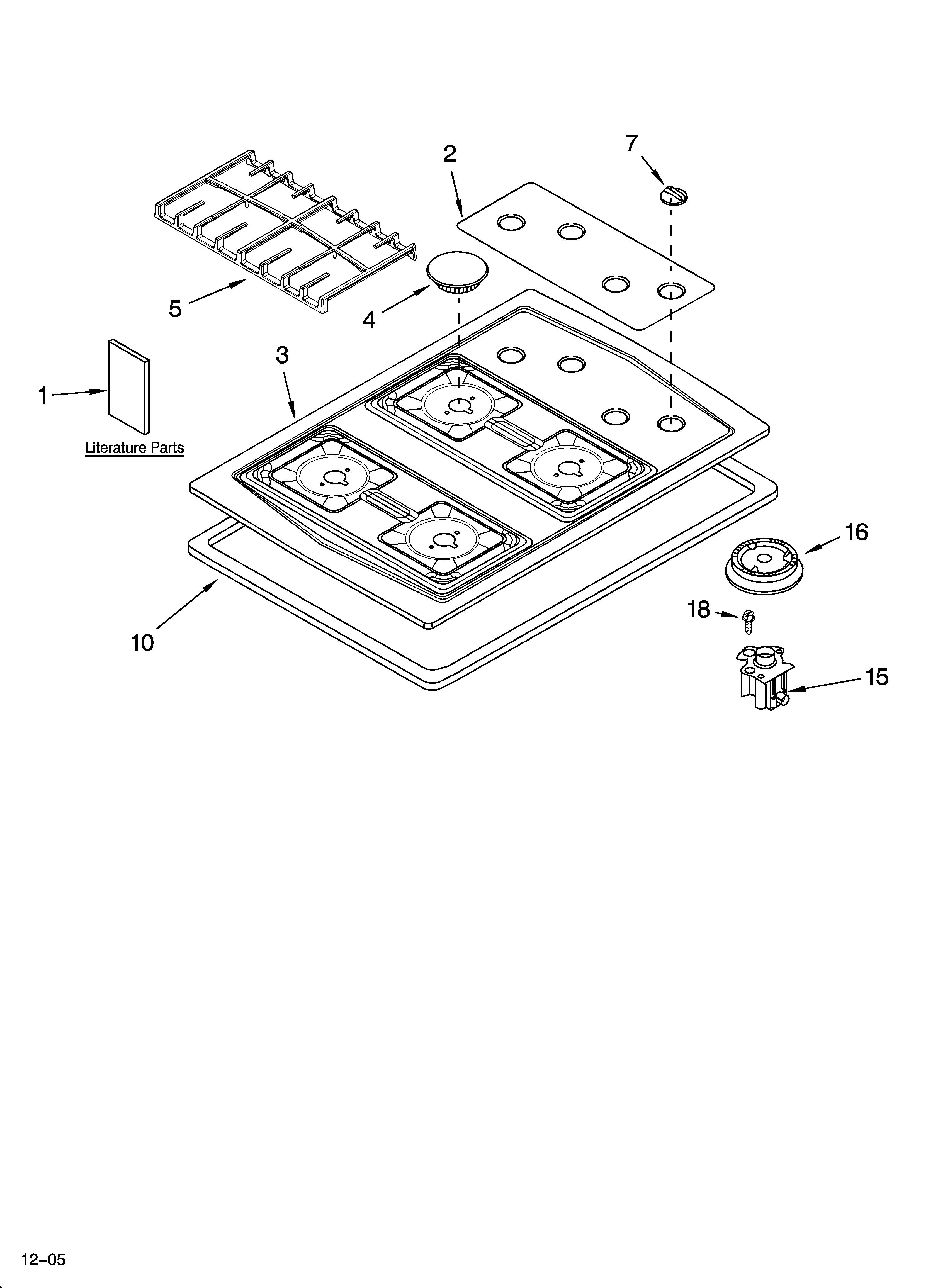 Whirlpool SCS3617RT01 cooktop, burner and grate parts diagram
