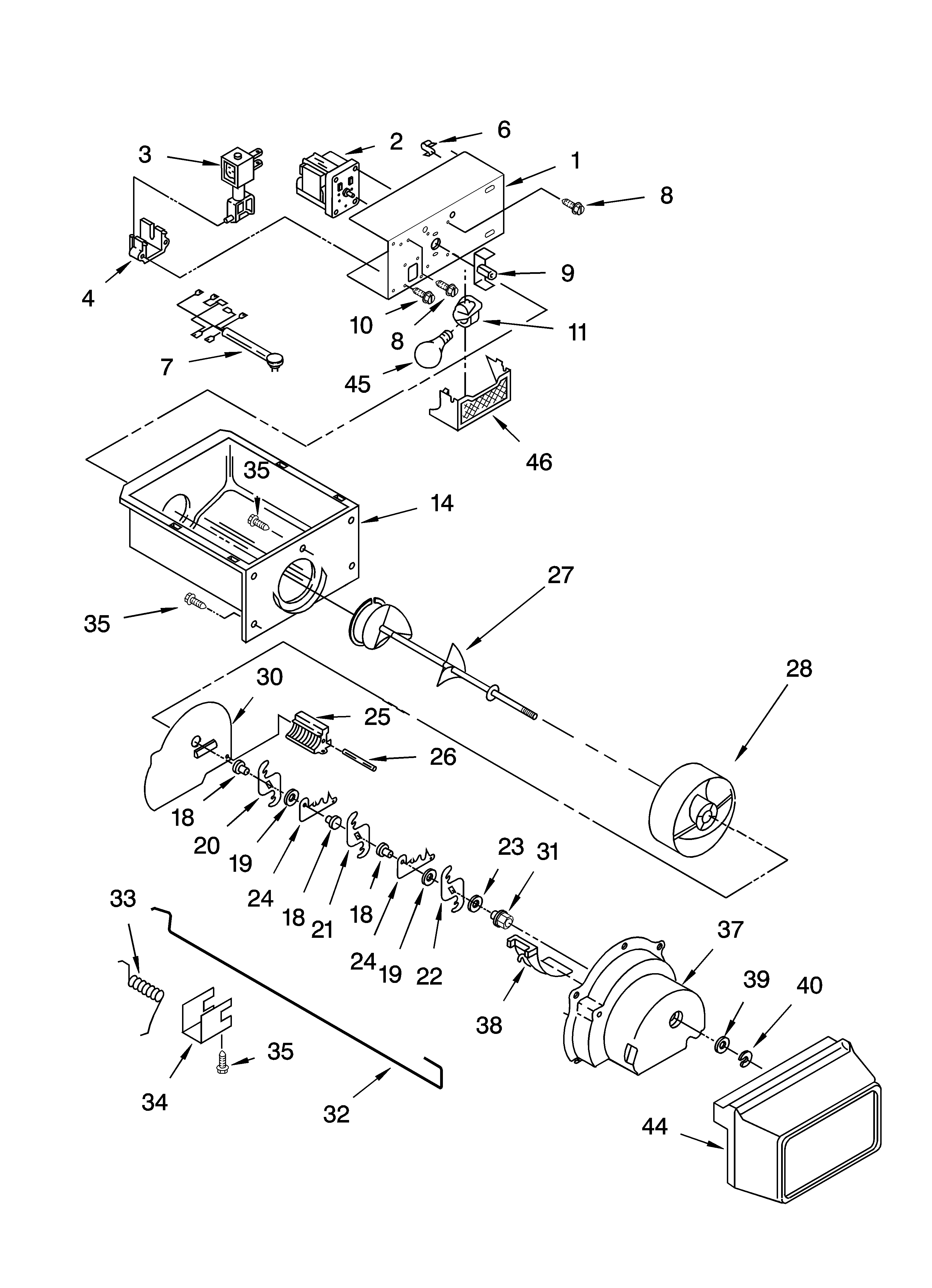 Estate TS25AFXKQ03 motor and ice container parts diagram