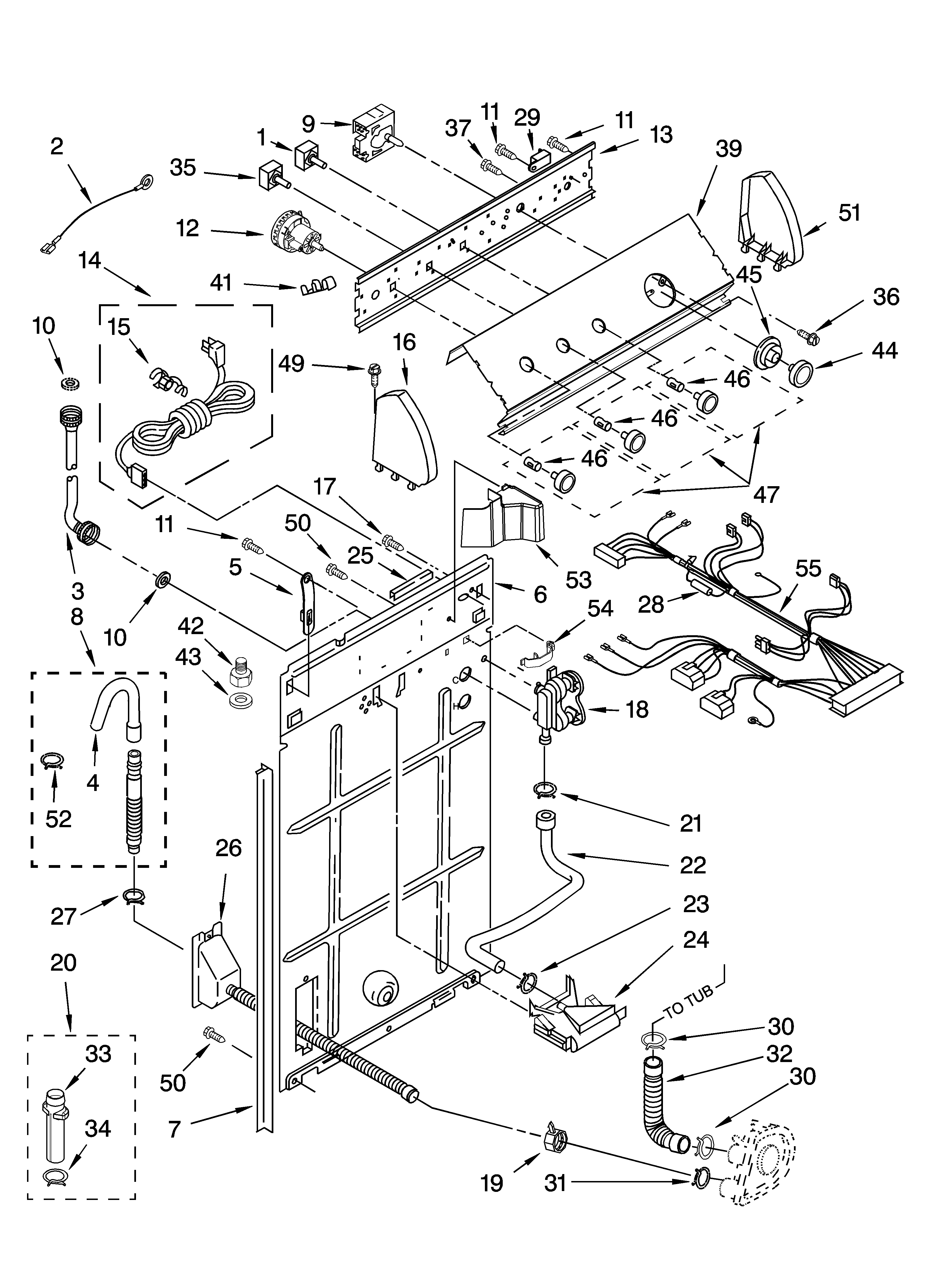 Whirlpool 3XLBR8543JQ4 controls and rear panel parts diagram