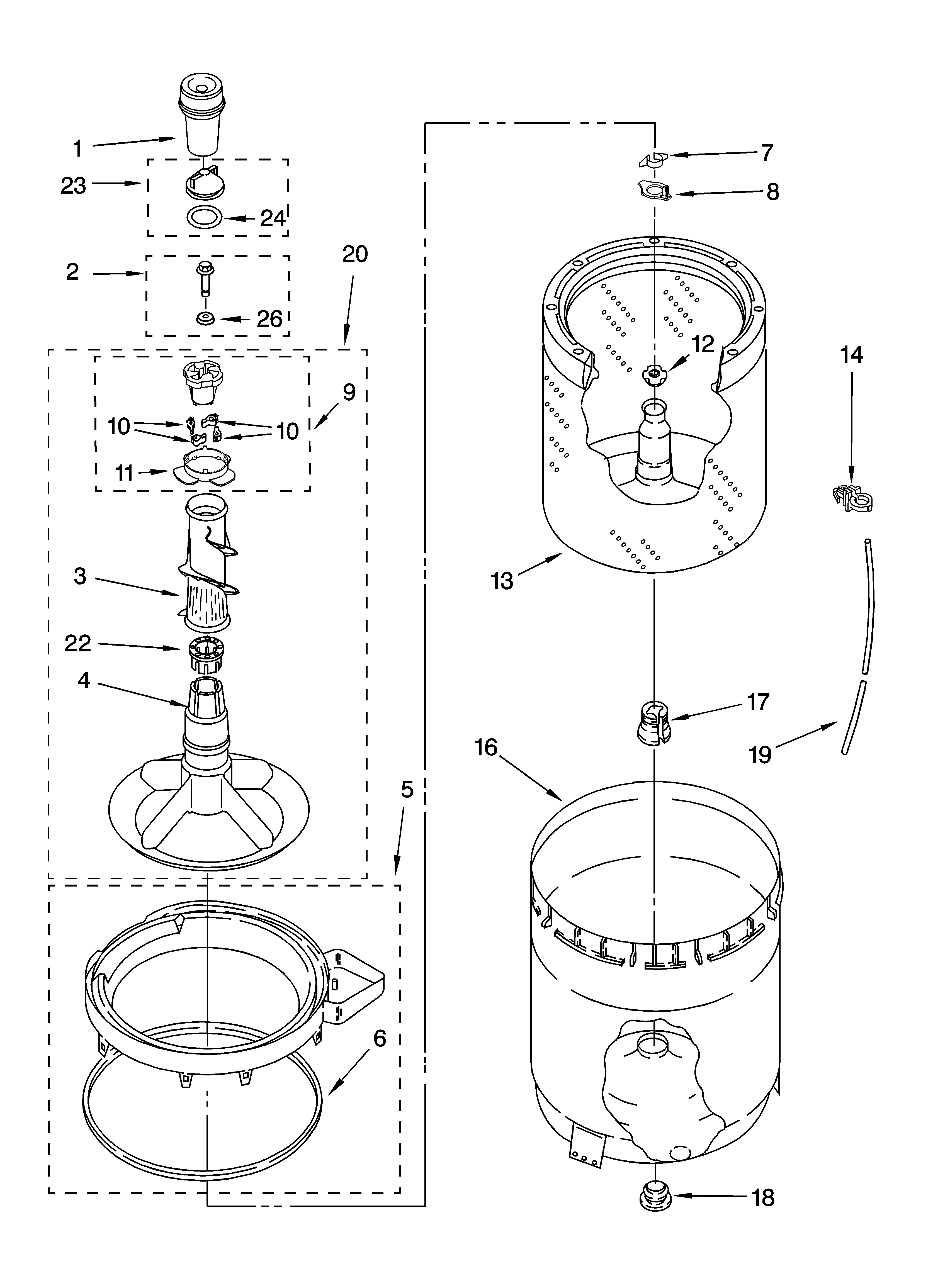 Whirlpool 4PGSC9455JT2 agitator, basket and tub parts diagram