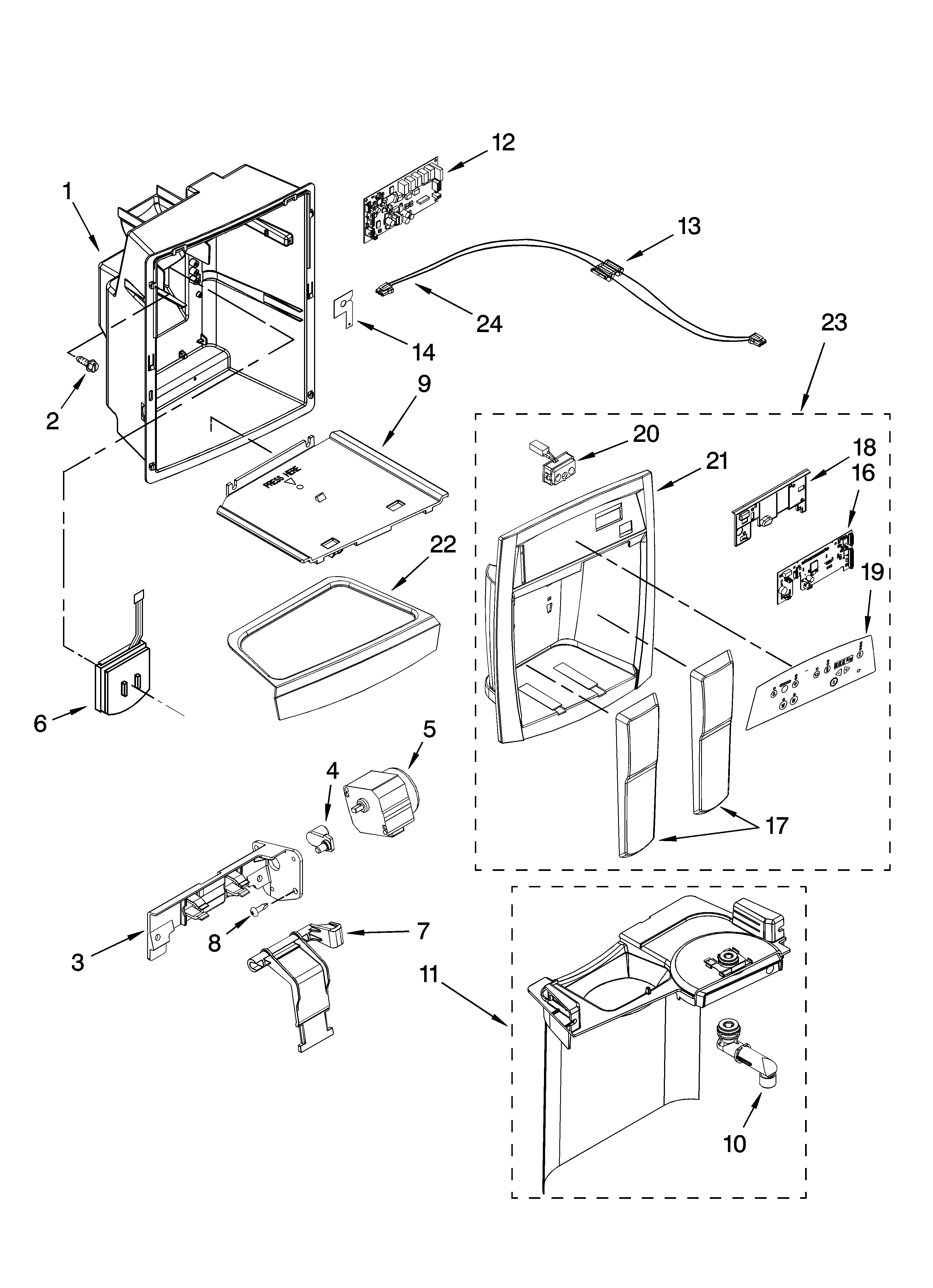 Whirlpool GS6NBEXRA00 dispenser front parts diagram