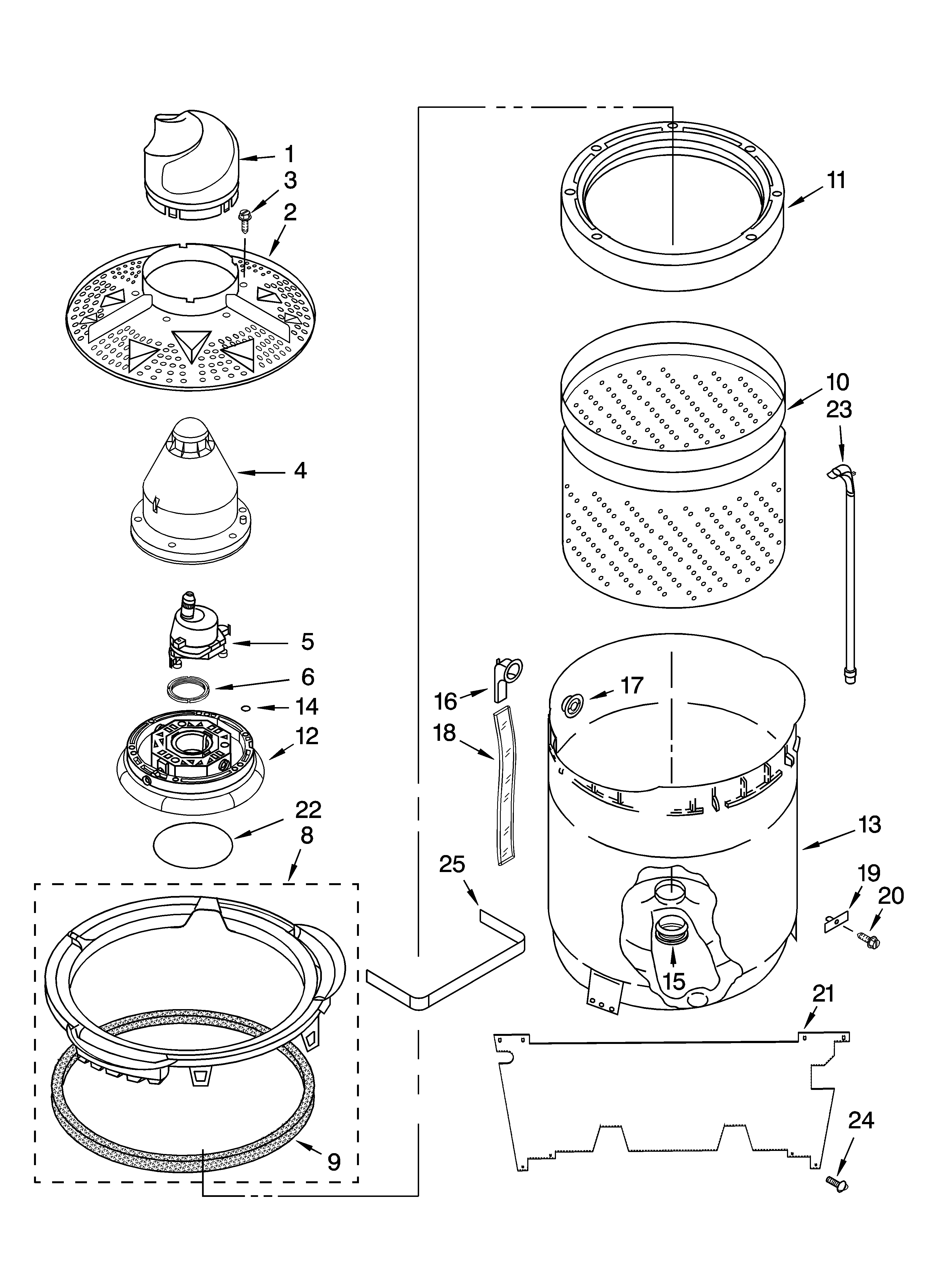Whirlpool GVW9959KL3 washplate, basket and tub parts diagram