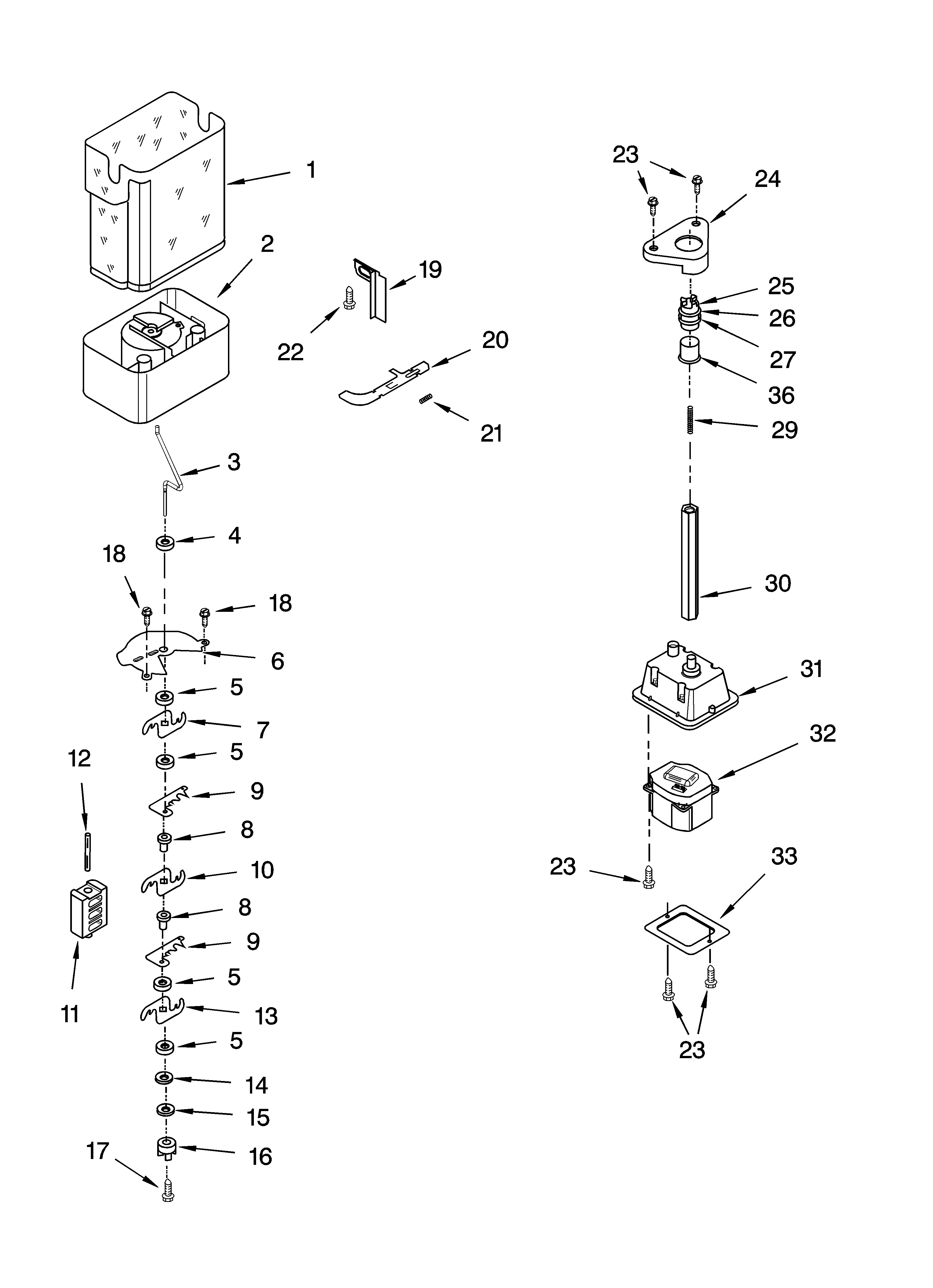 KitchenAid KSRG25FKWH16 motor and ice container parts diagram