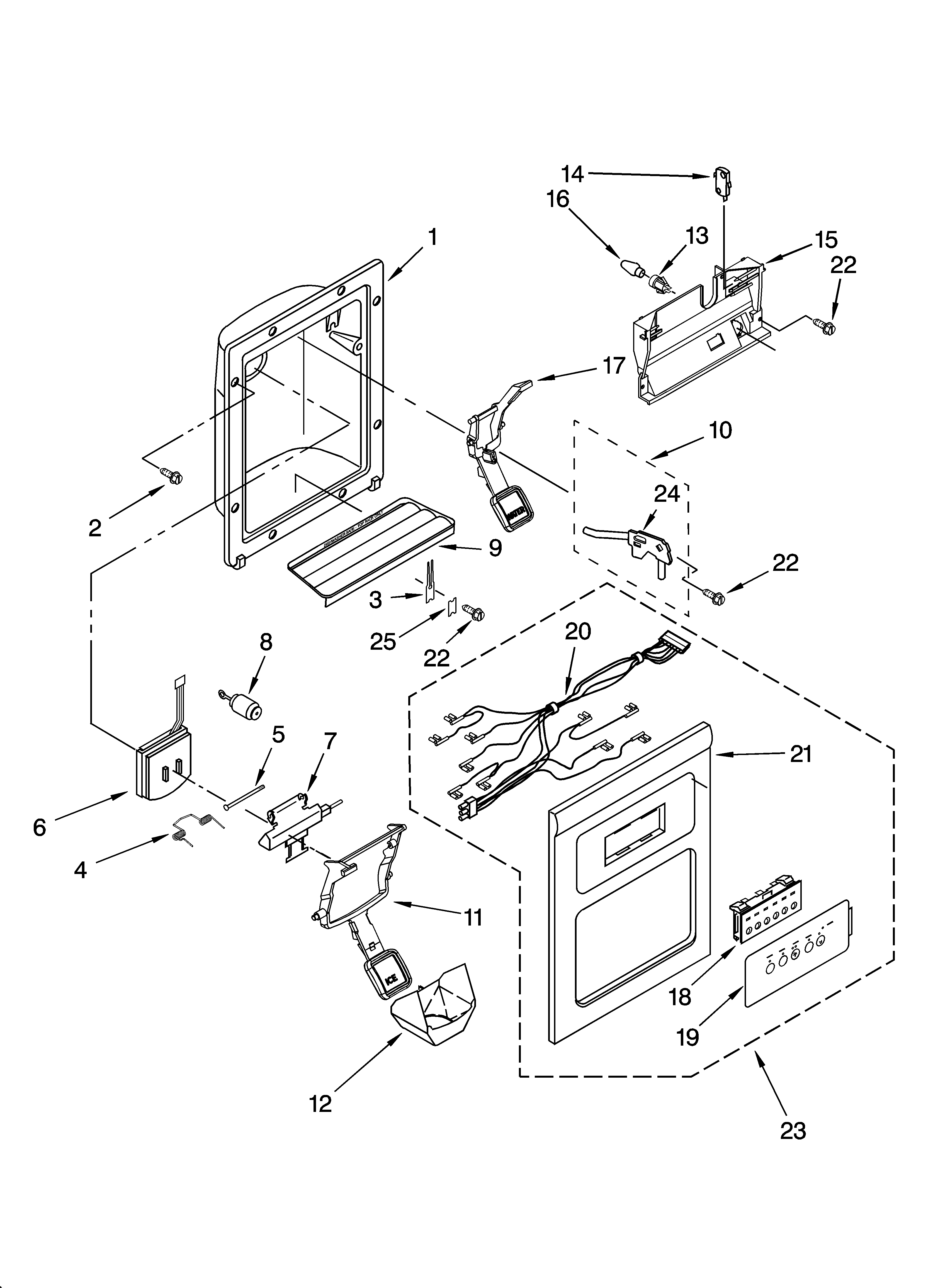 KitchenAid KSRG25FKWH16 dispenser front parts diagram
