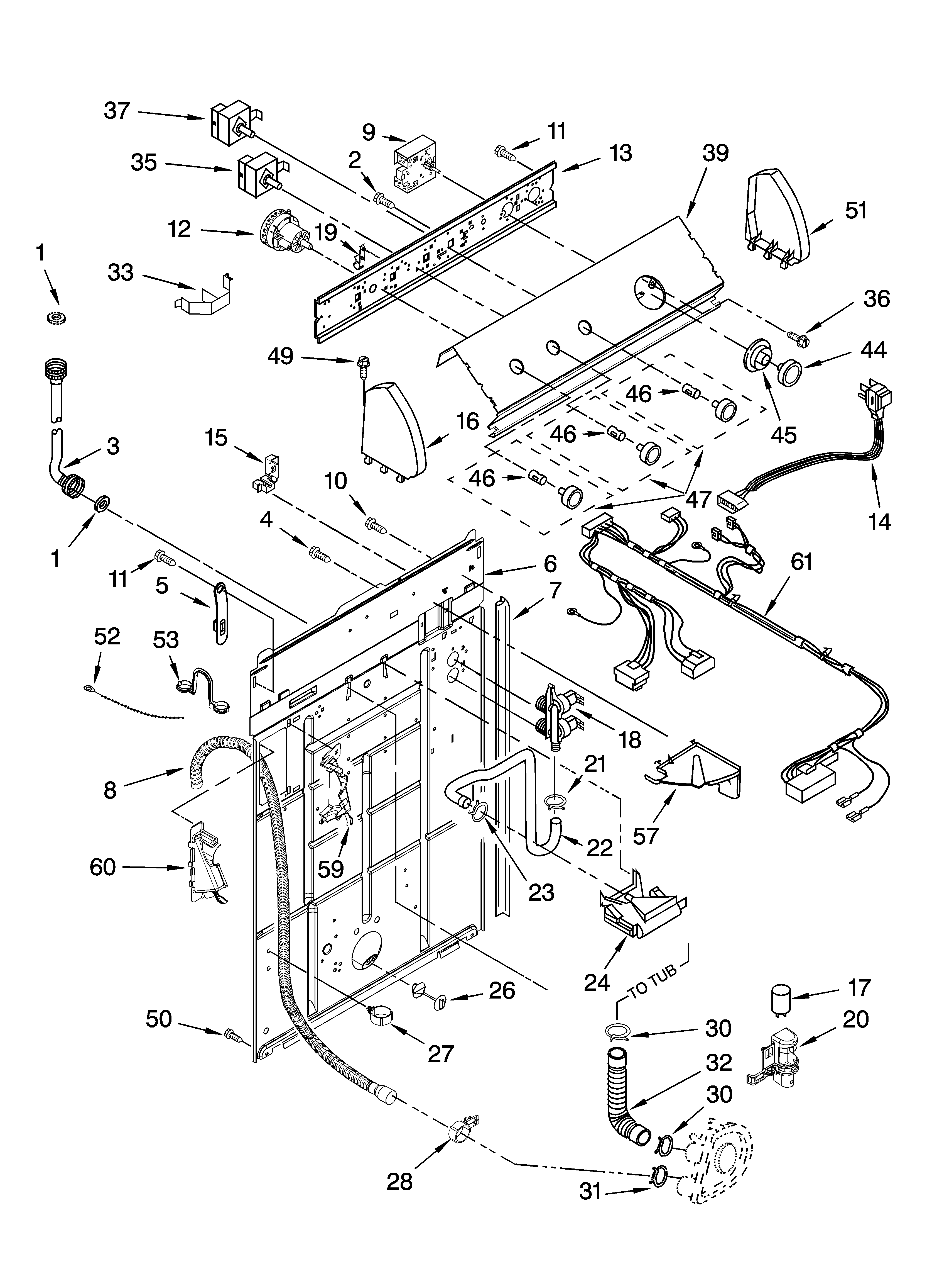 Crosley CAWS953RB1 controls and rear panel parts diagram