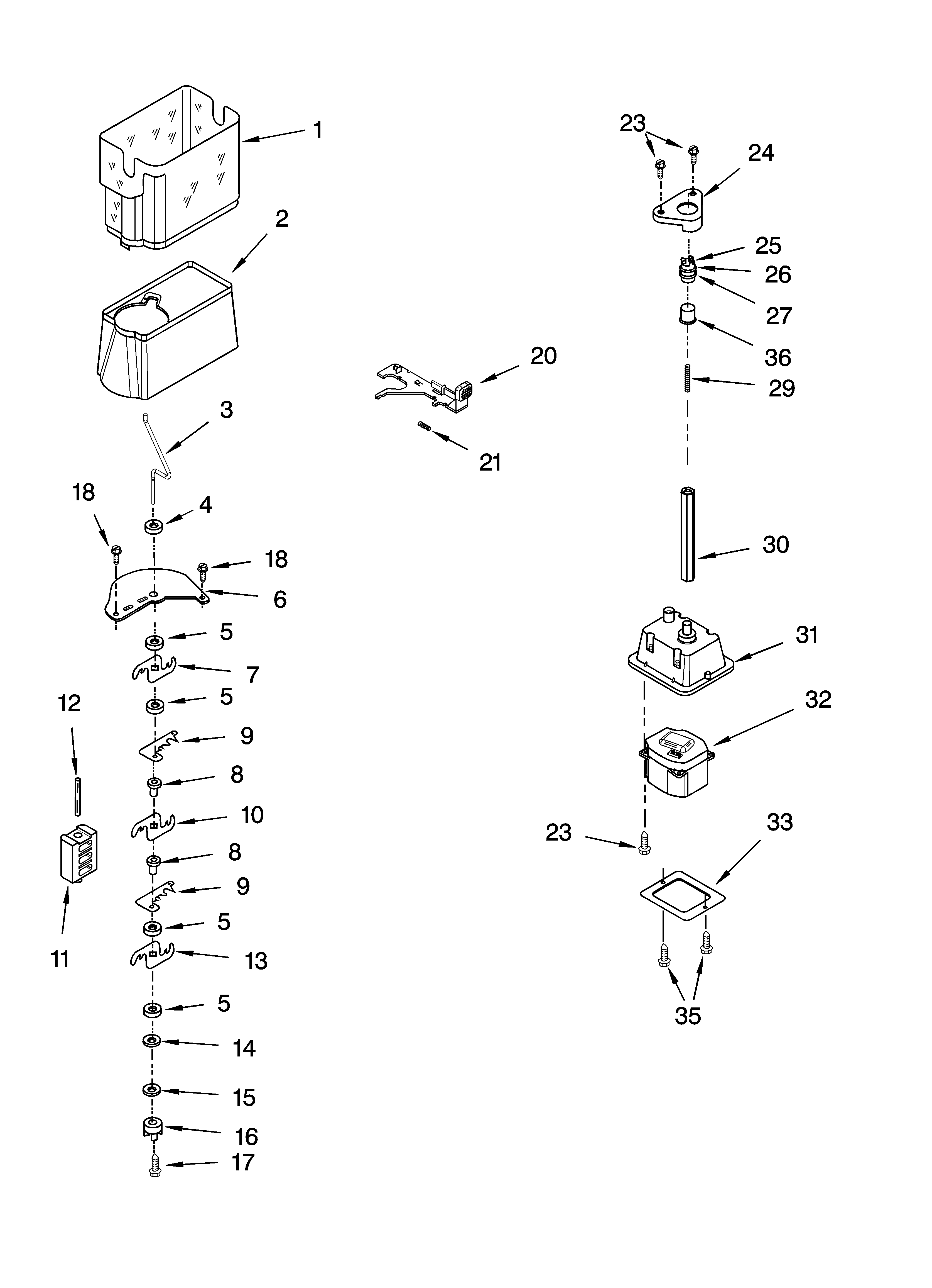 KitchenAid KSRG22FKWH17 motor and ice container parts diagram
