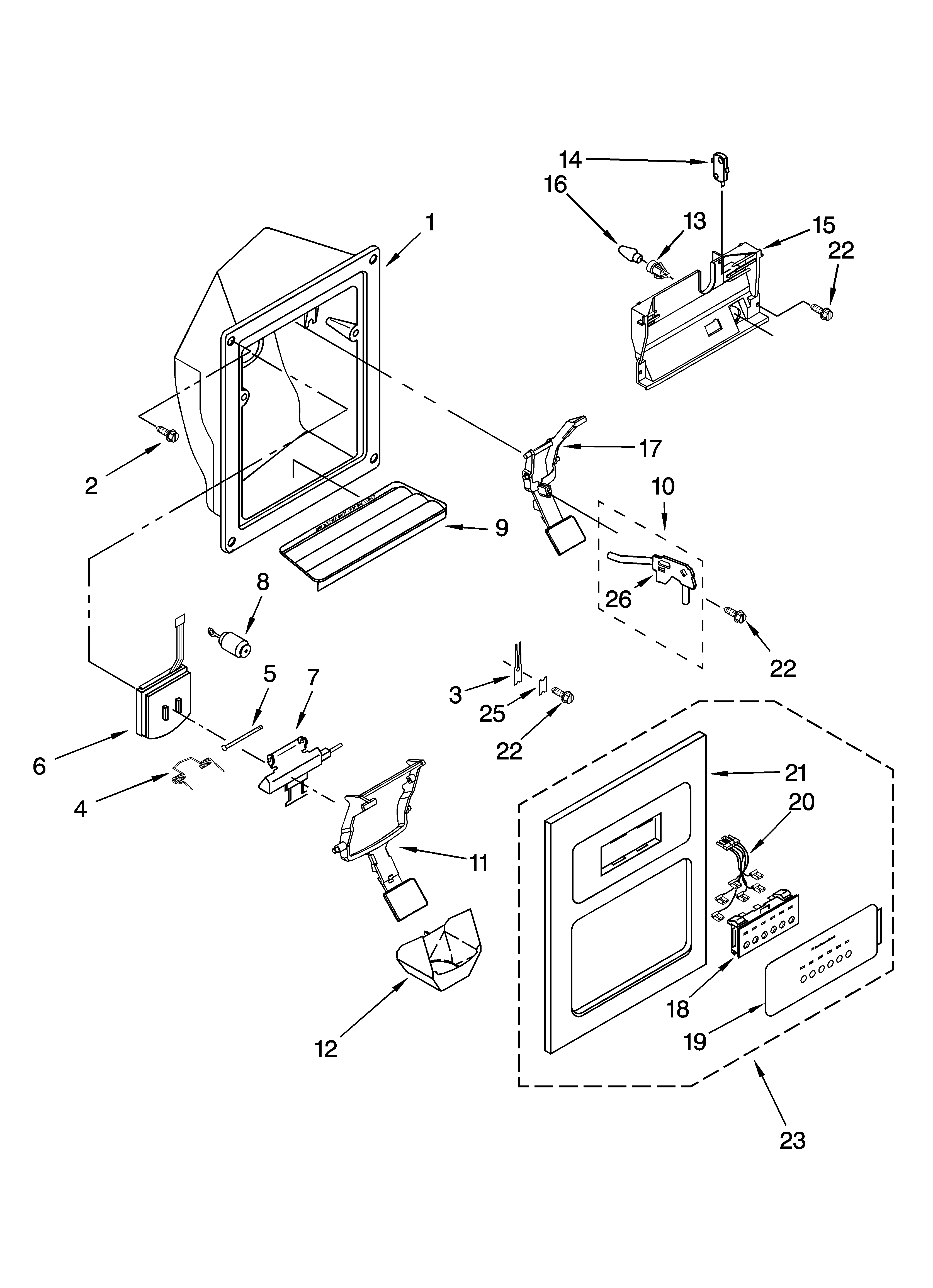 KitchenAid KSRG22FKSS17 dispenser front parts diagram