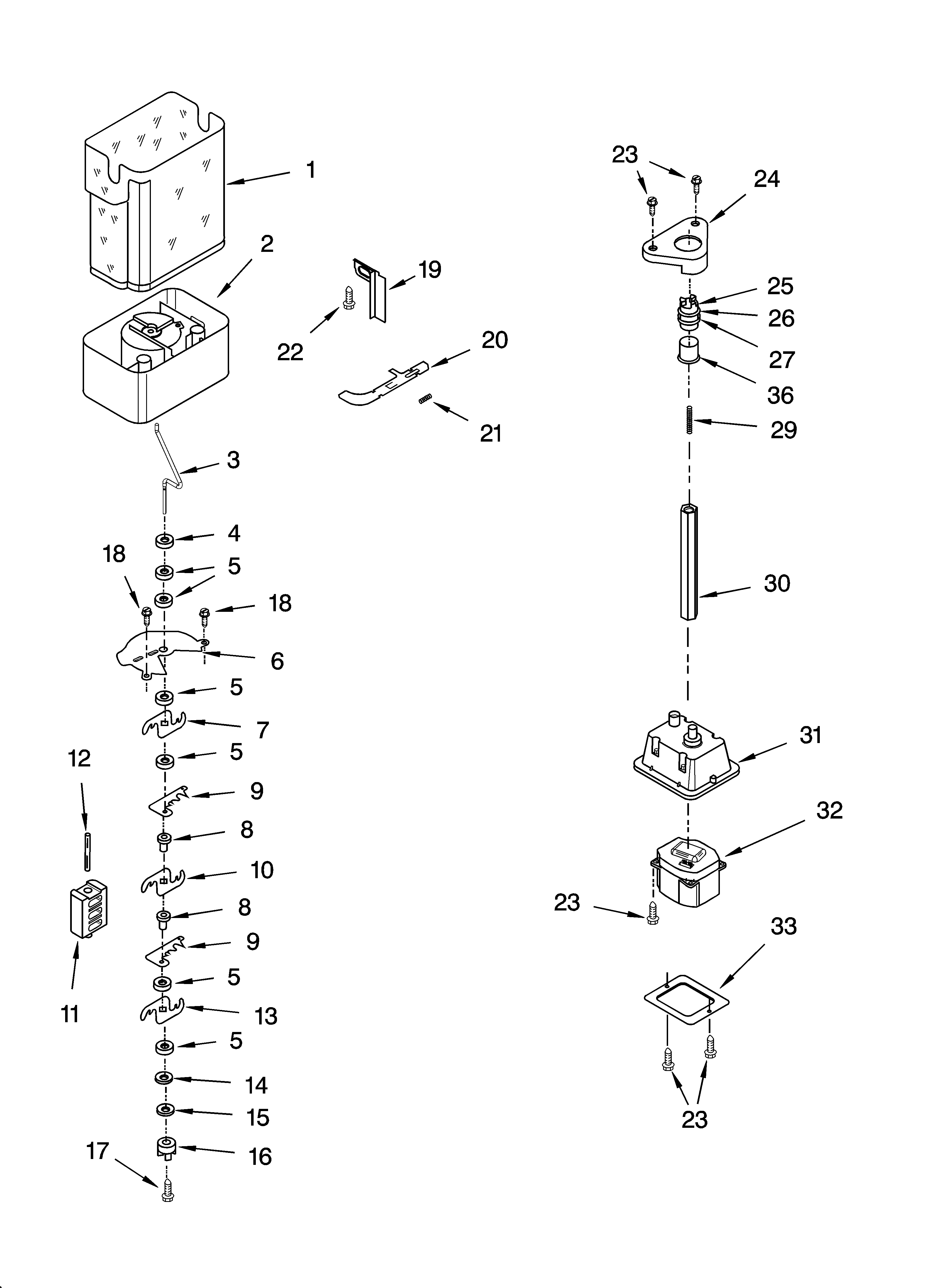 KitchenAid KSRI25FNST02 motor and ice container parts diagram