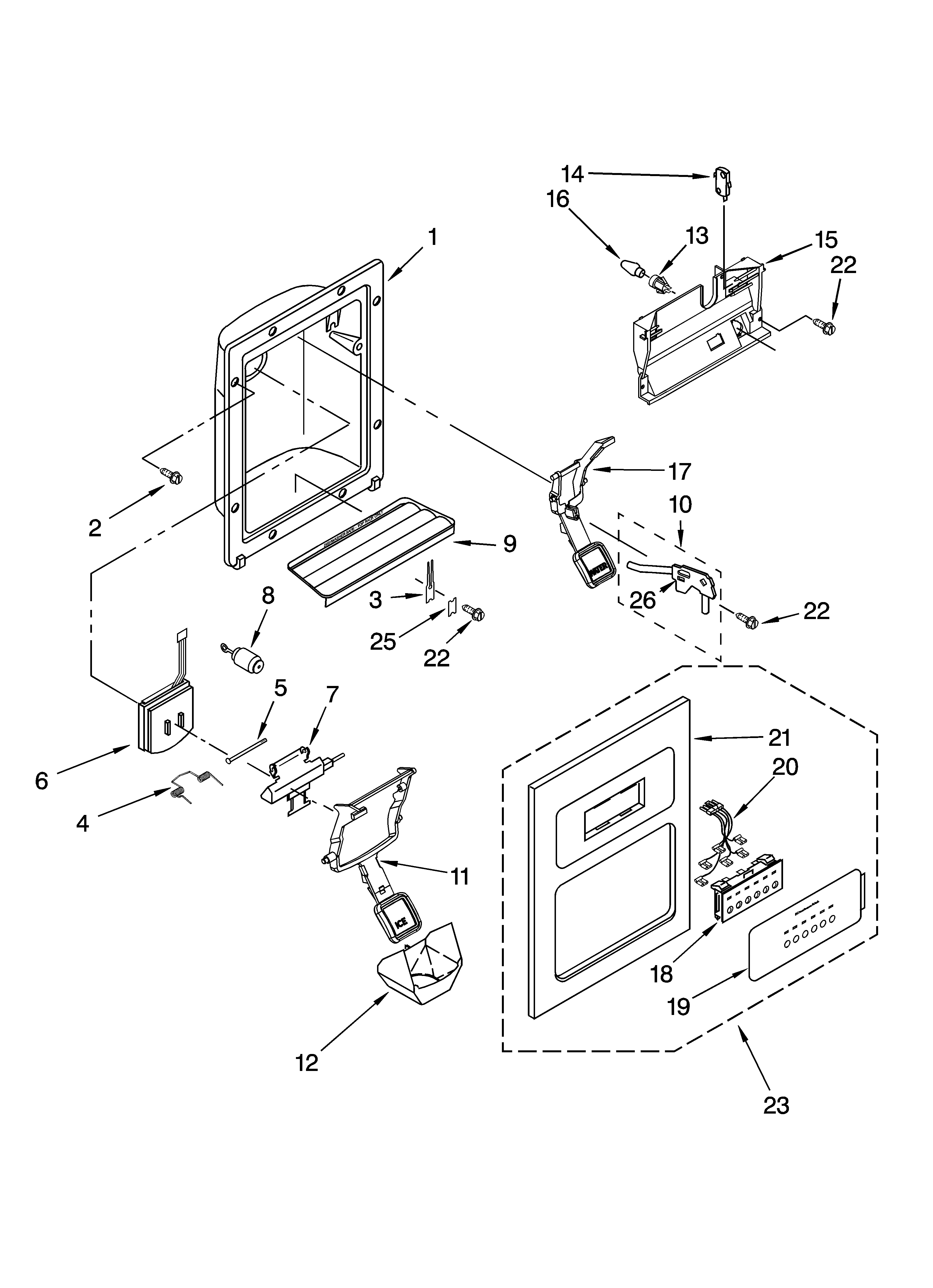 KitchenAid KSRI25FNST02 dispenser front parts diagram