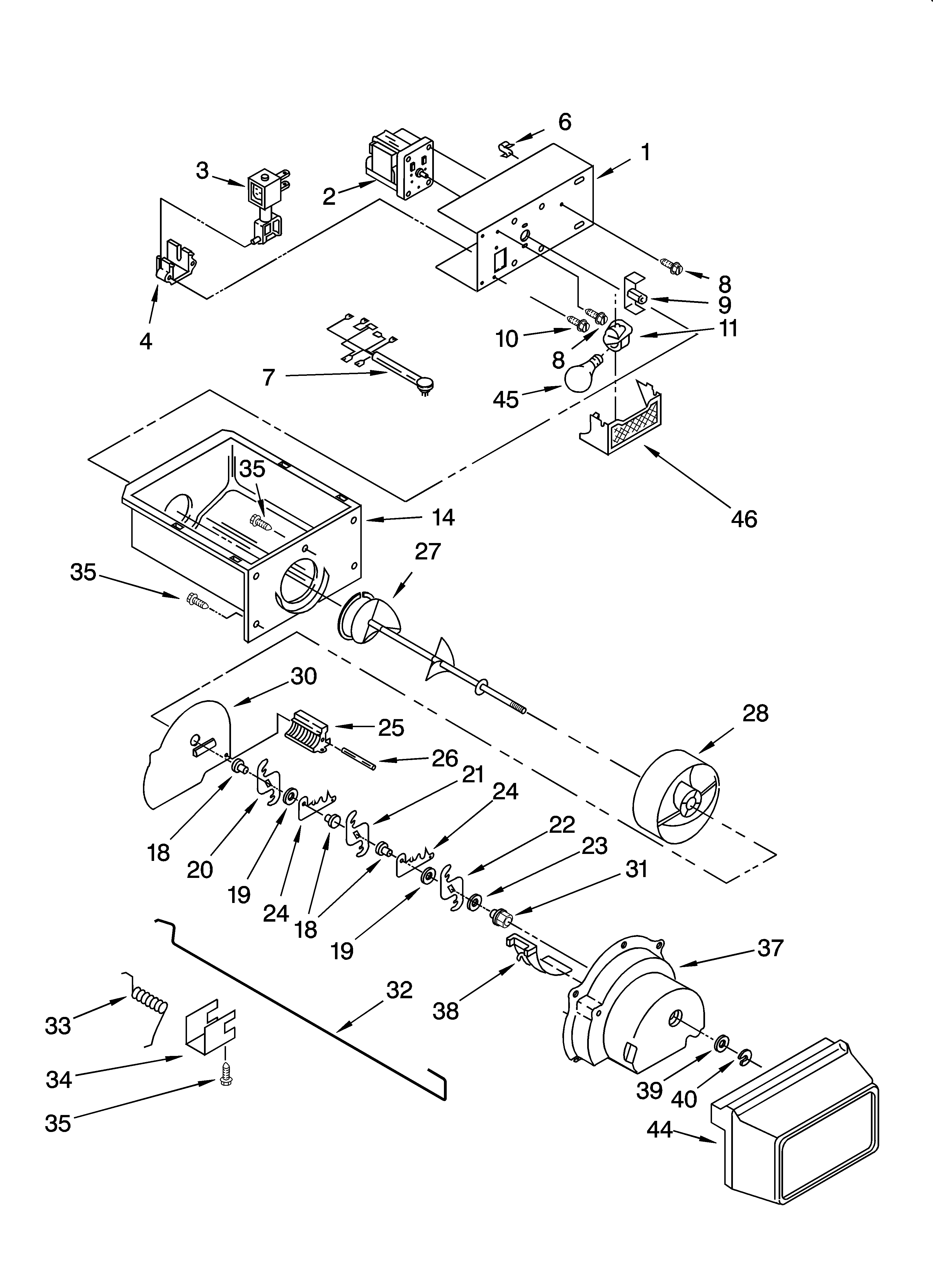 Whirlpool ED2FHEXNL02 motor and ice container parts diagram