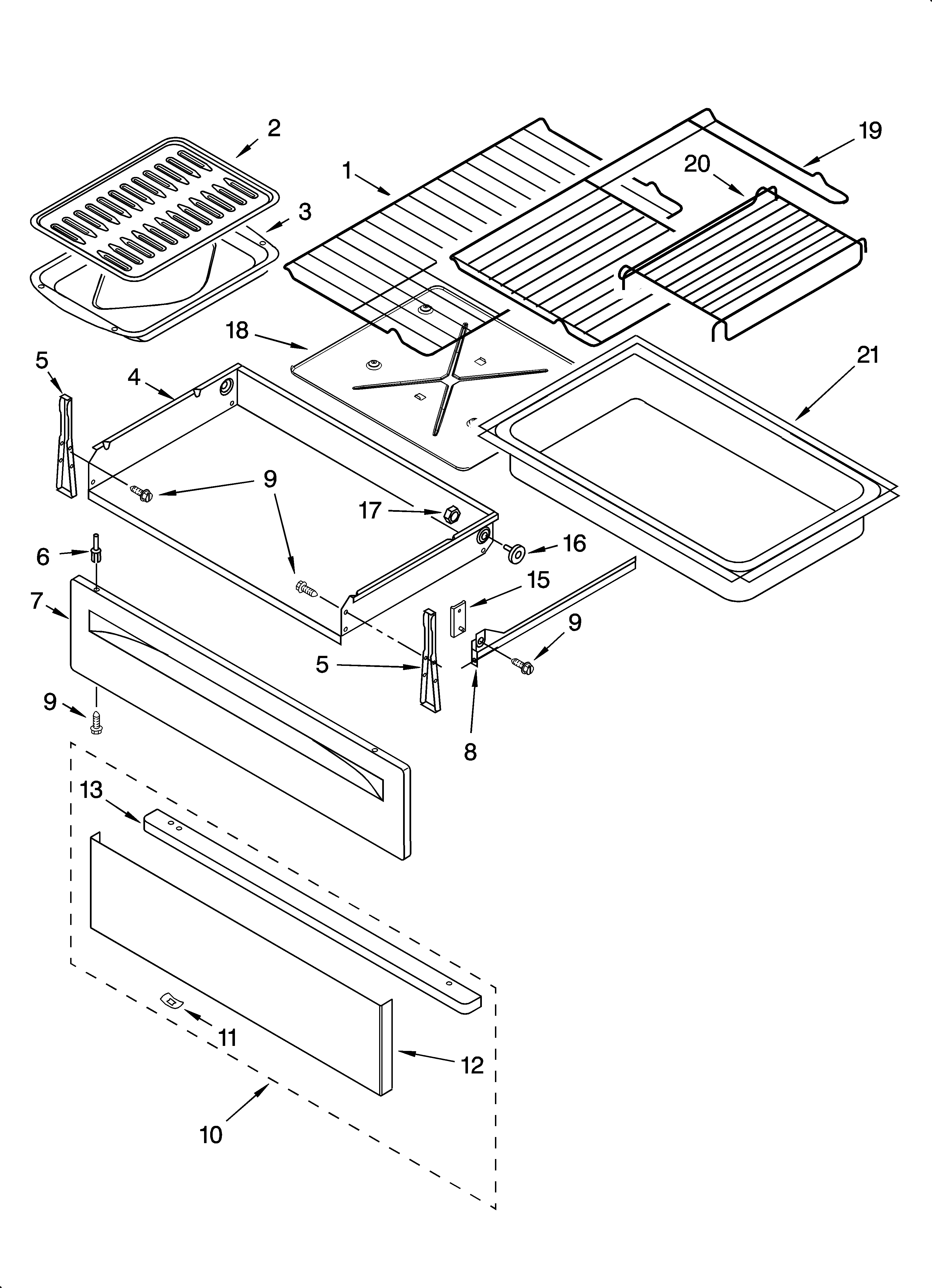 Whirlpool GR563LXSB0 drawer & broiler parts diagram