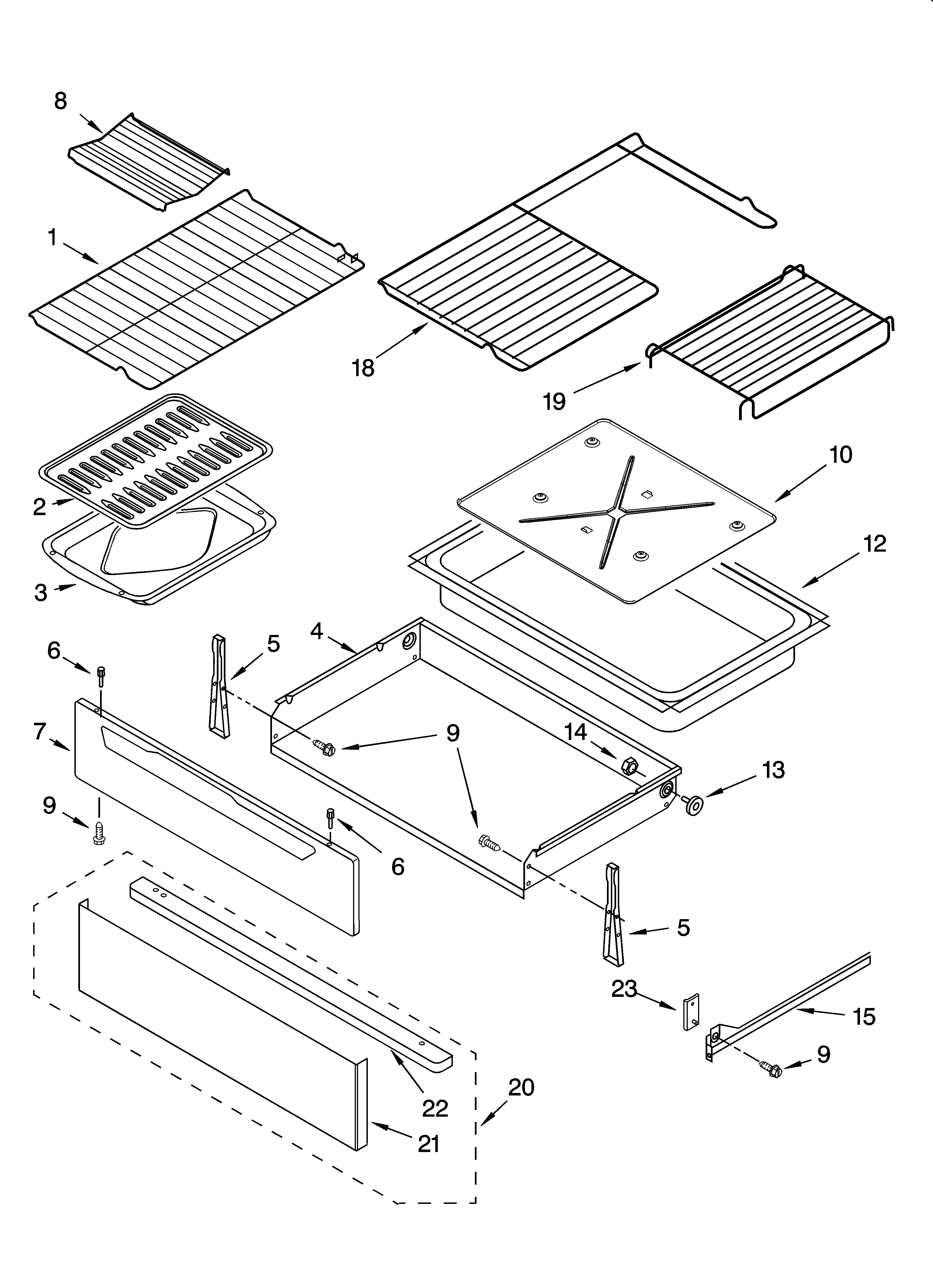 Whirlpool GR673LXSQ0 drawer & broiler parts diagram