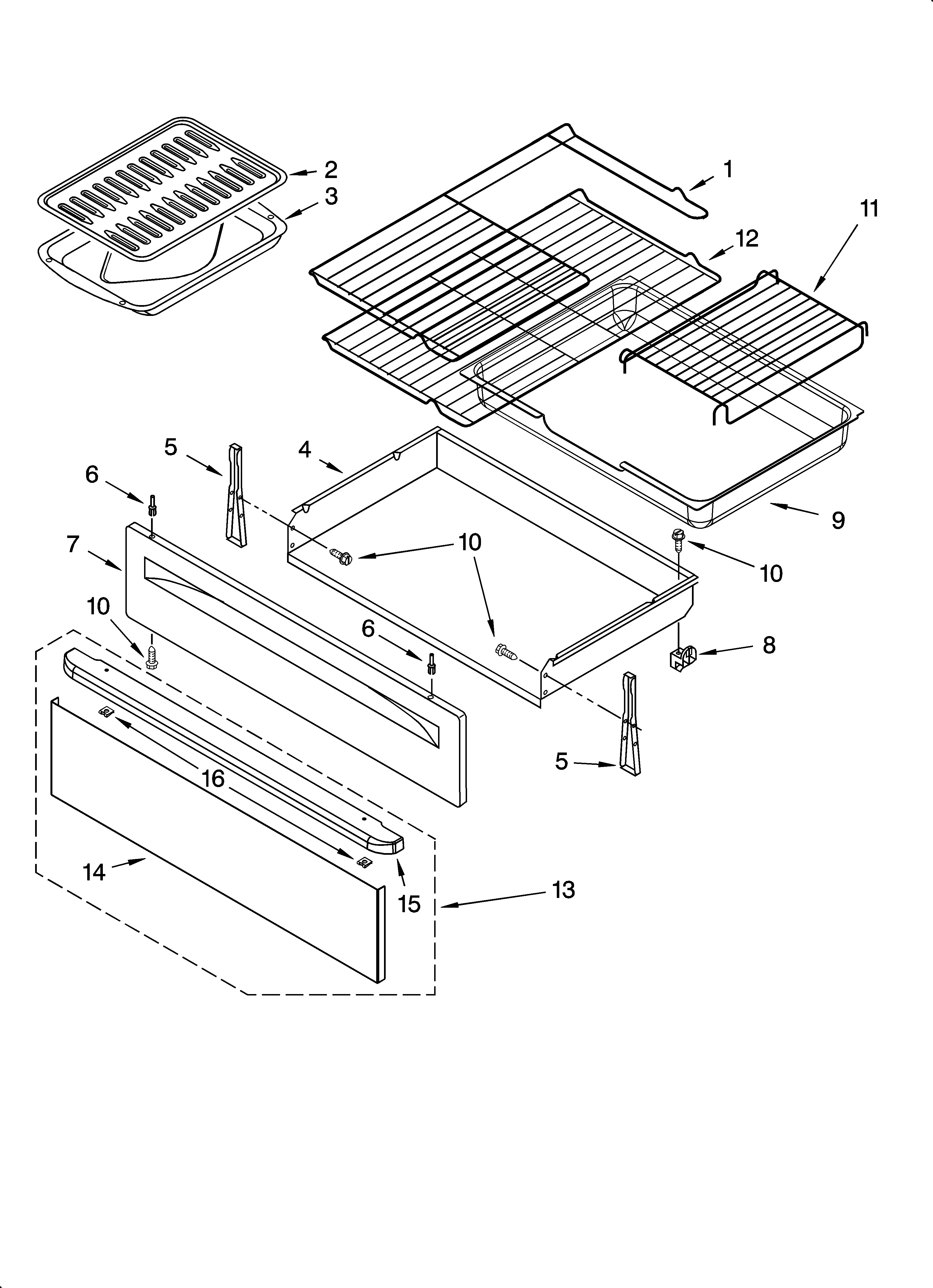 Whirlpool GS563LXSQ0 drawer & broiler parts diagram