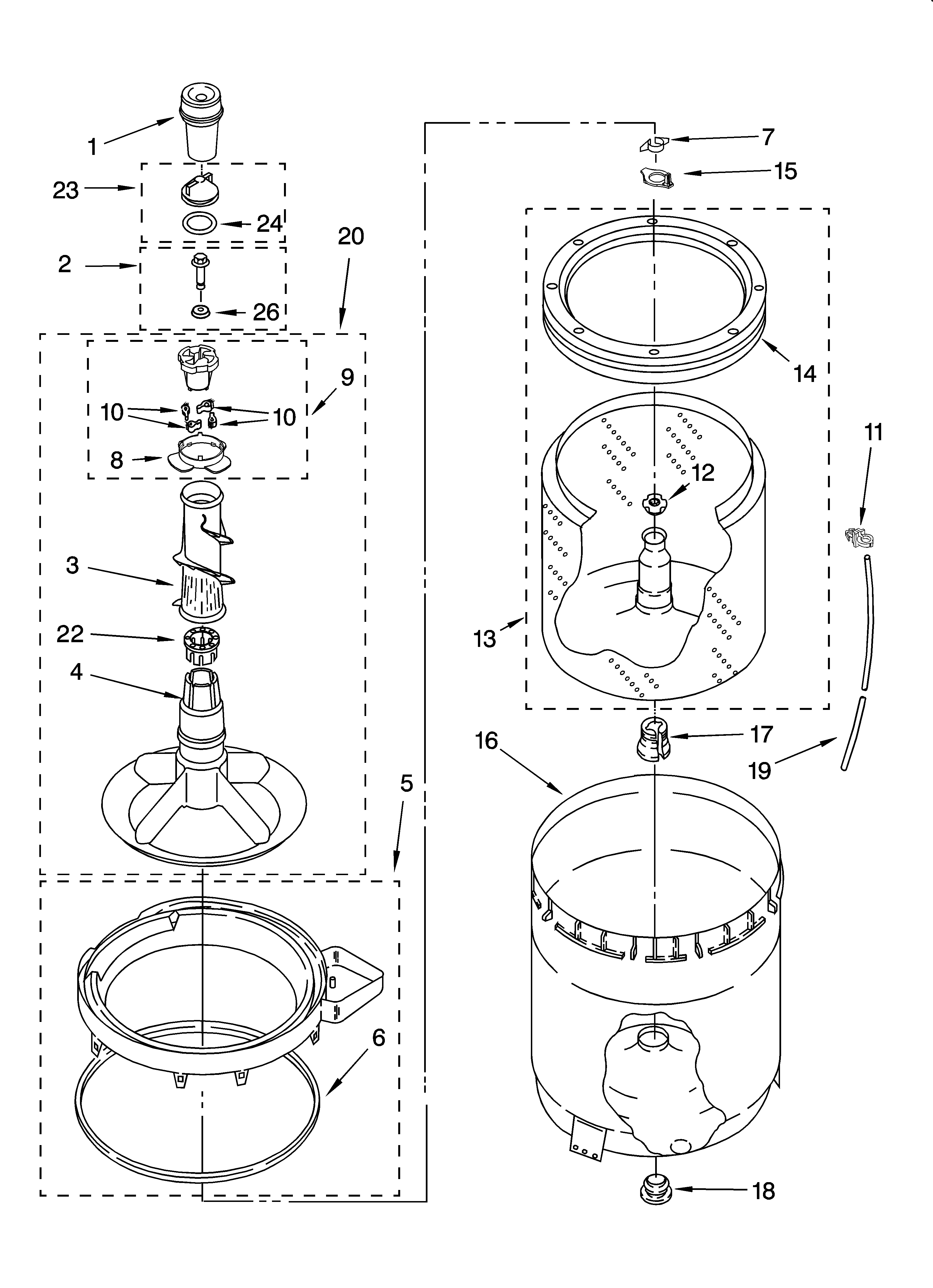 Whirlpool 3RGSC9455JQ6 agitator, basket and tub parts diagram