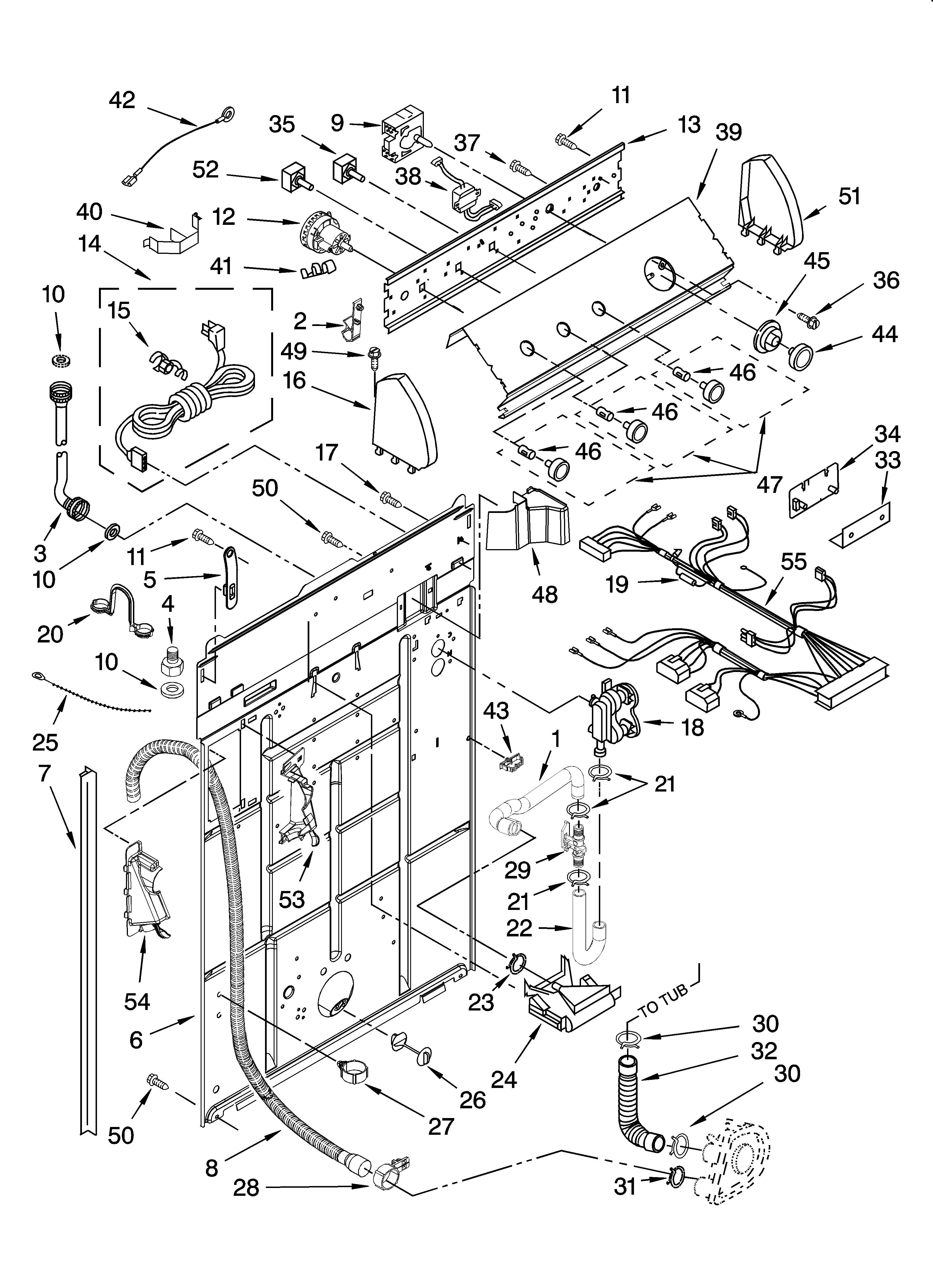 Whirlpool 3RLSQ8533JQ6 controls and rear panel parts diagram