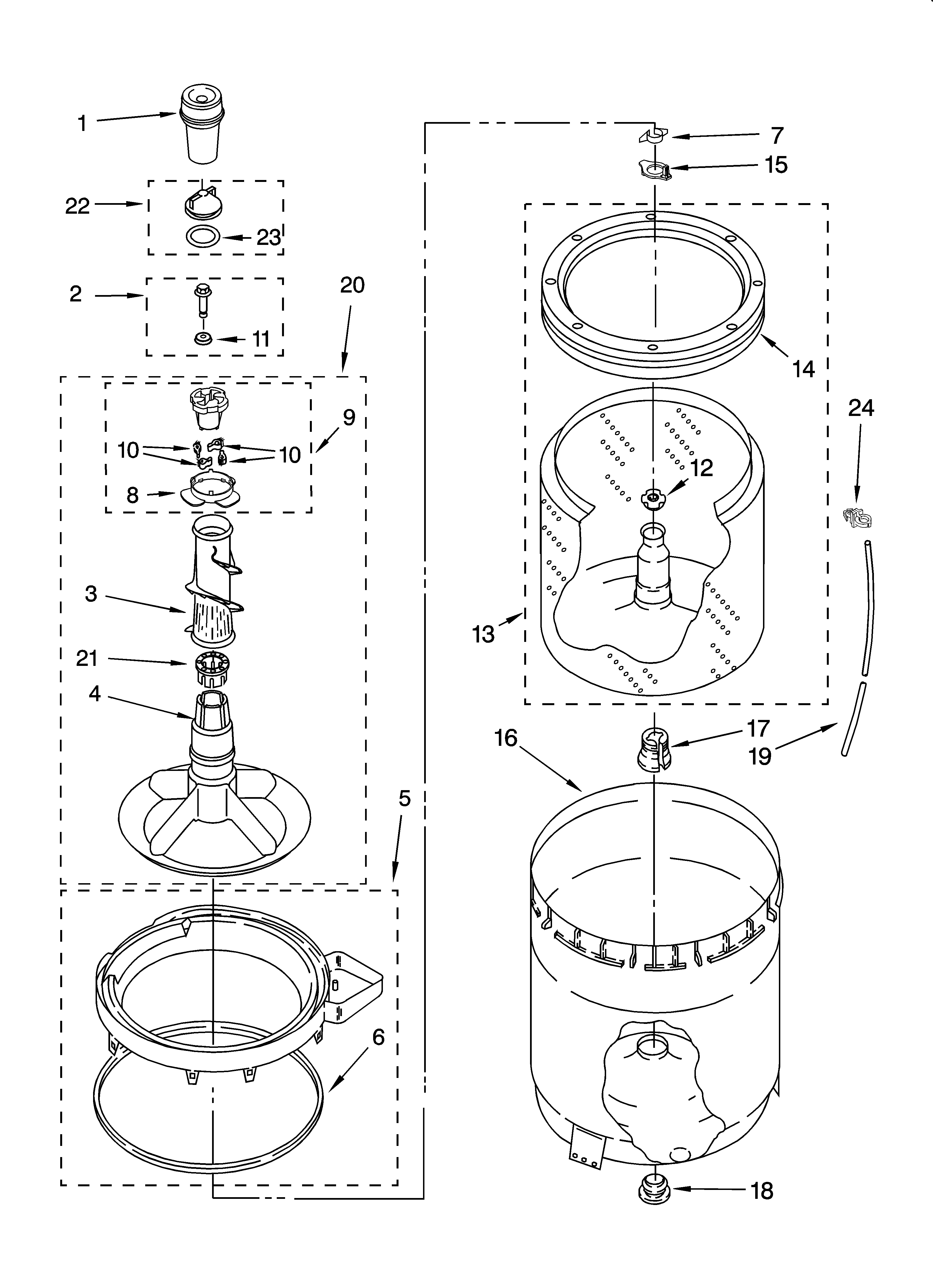 Whirlpool 3RLSQ8533JQ6 agitator, basket and tub parts diagram