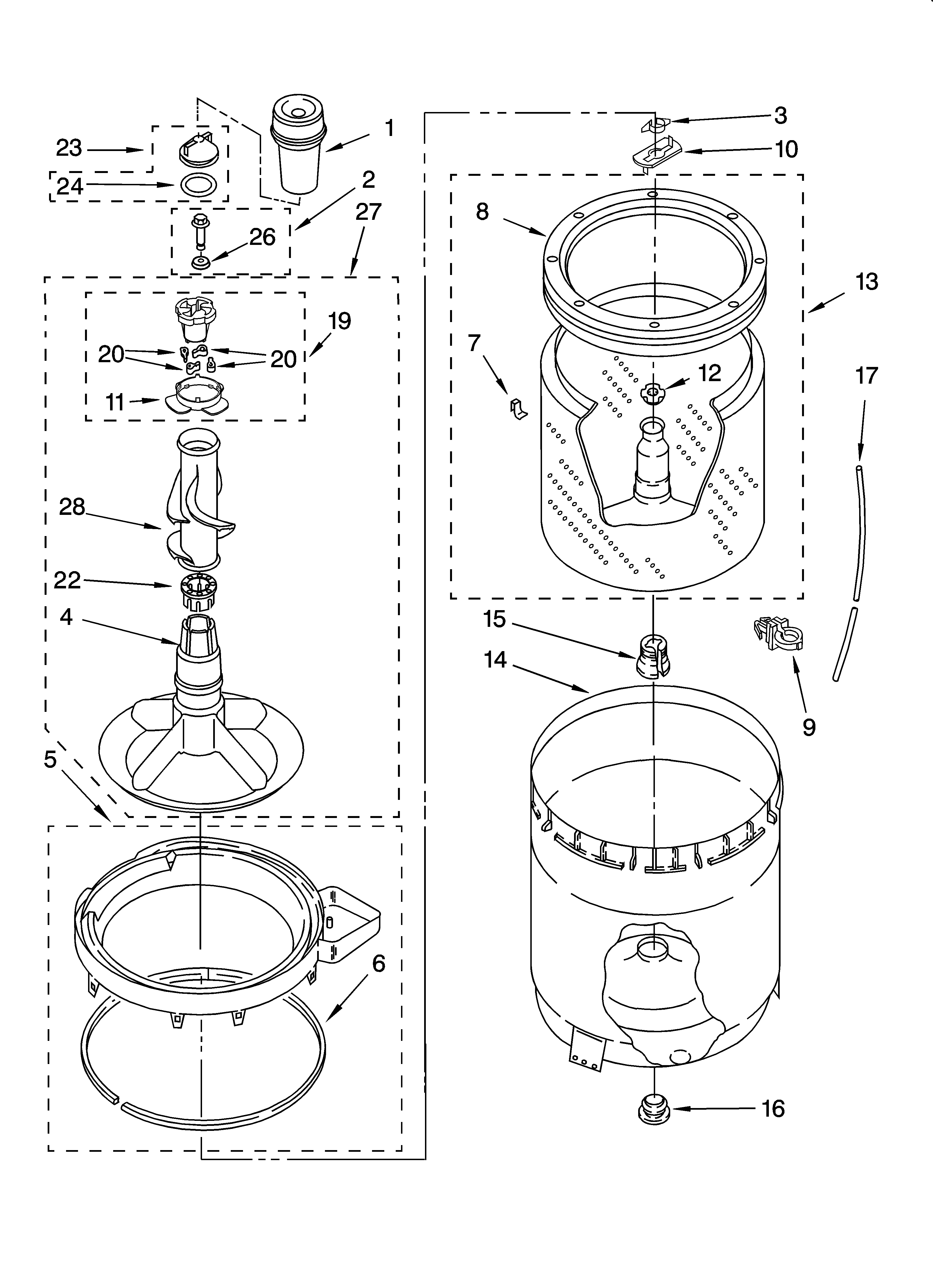 Whirlpool 3XLBR8543JQ3 agitator, basket and tub parts diagram