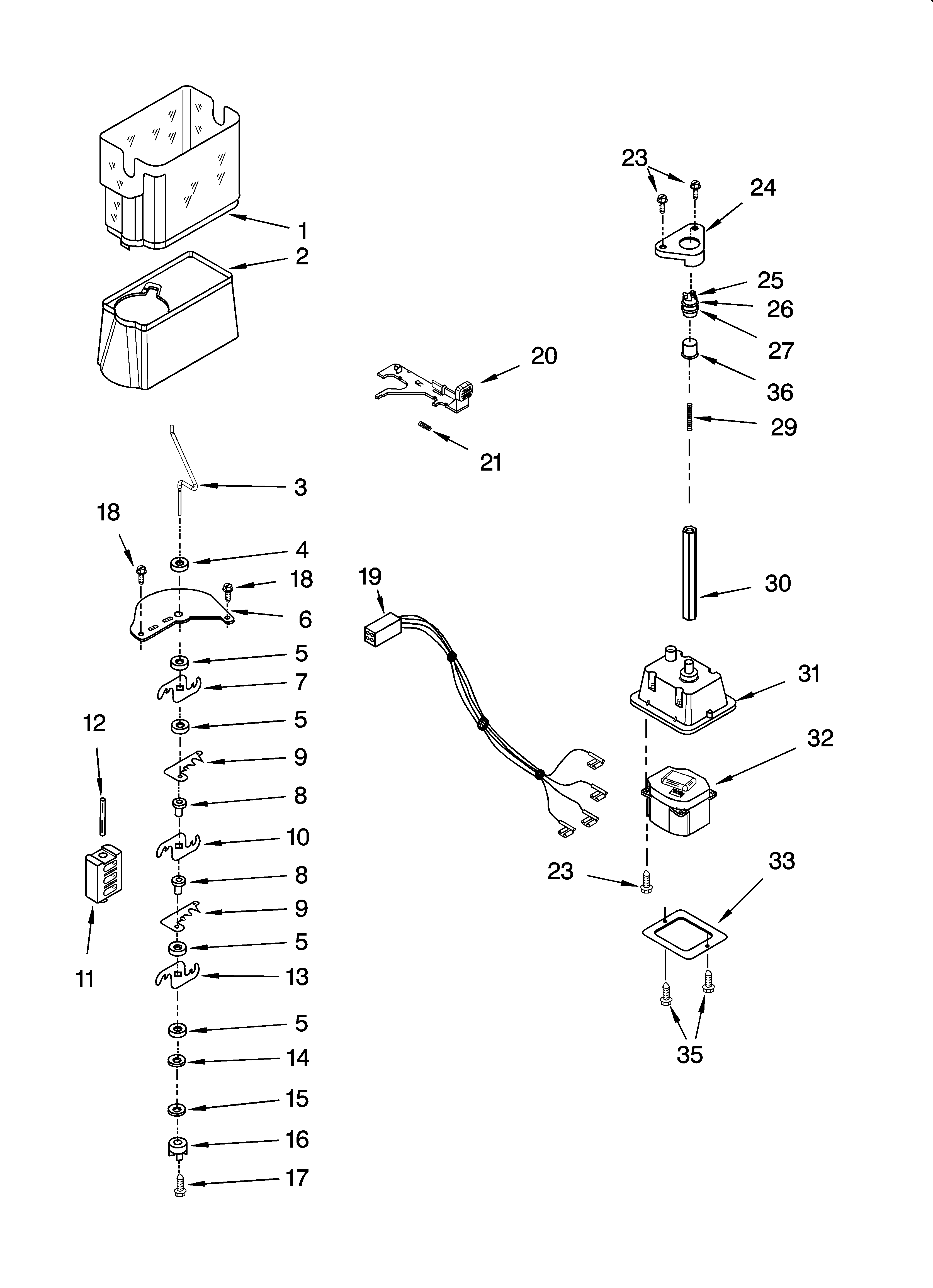 Whirlpool 7GS2SHEXPL01 motor and ice container parts diagram