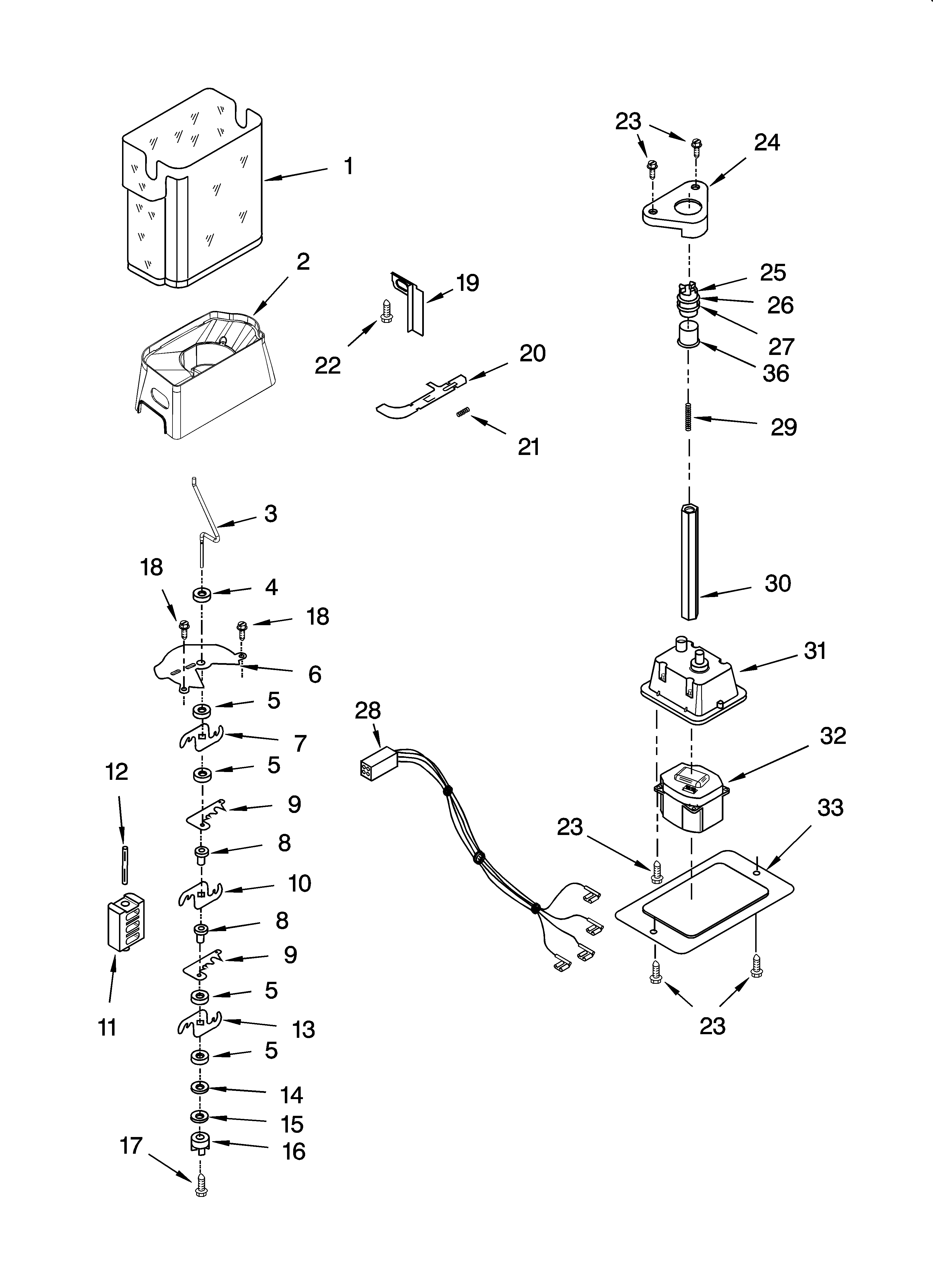 Whirlpool 7GS6SHEXMS01 motor and ice container parts diagram