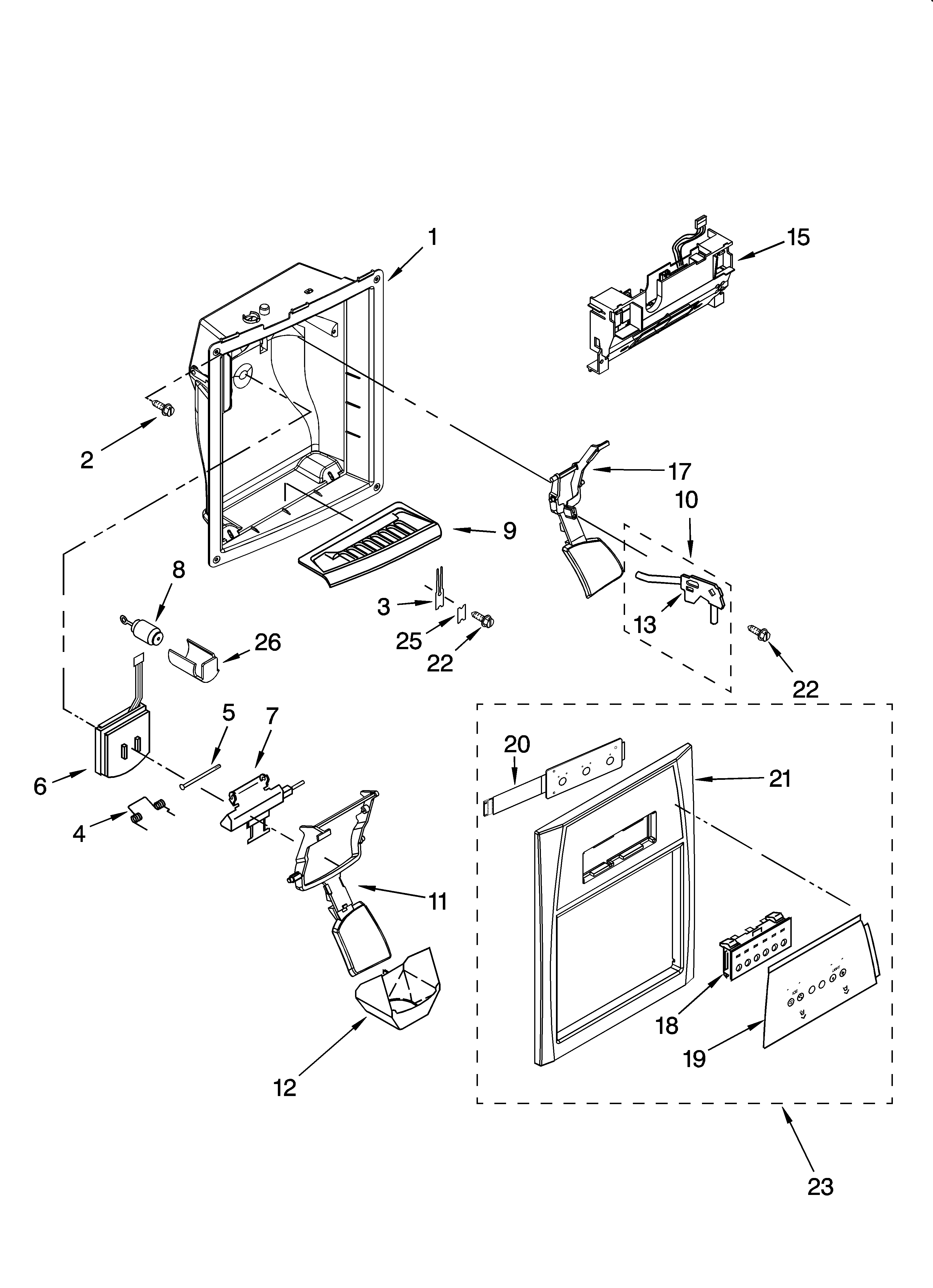 Whirlpool 7GS6SHEXMS01 dispenser front parts diagram