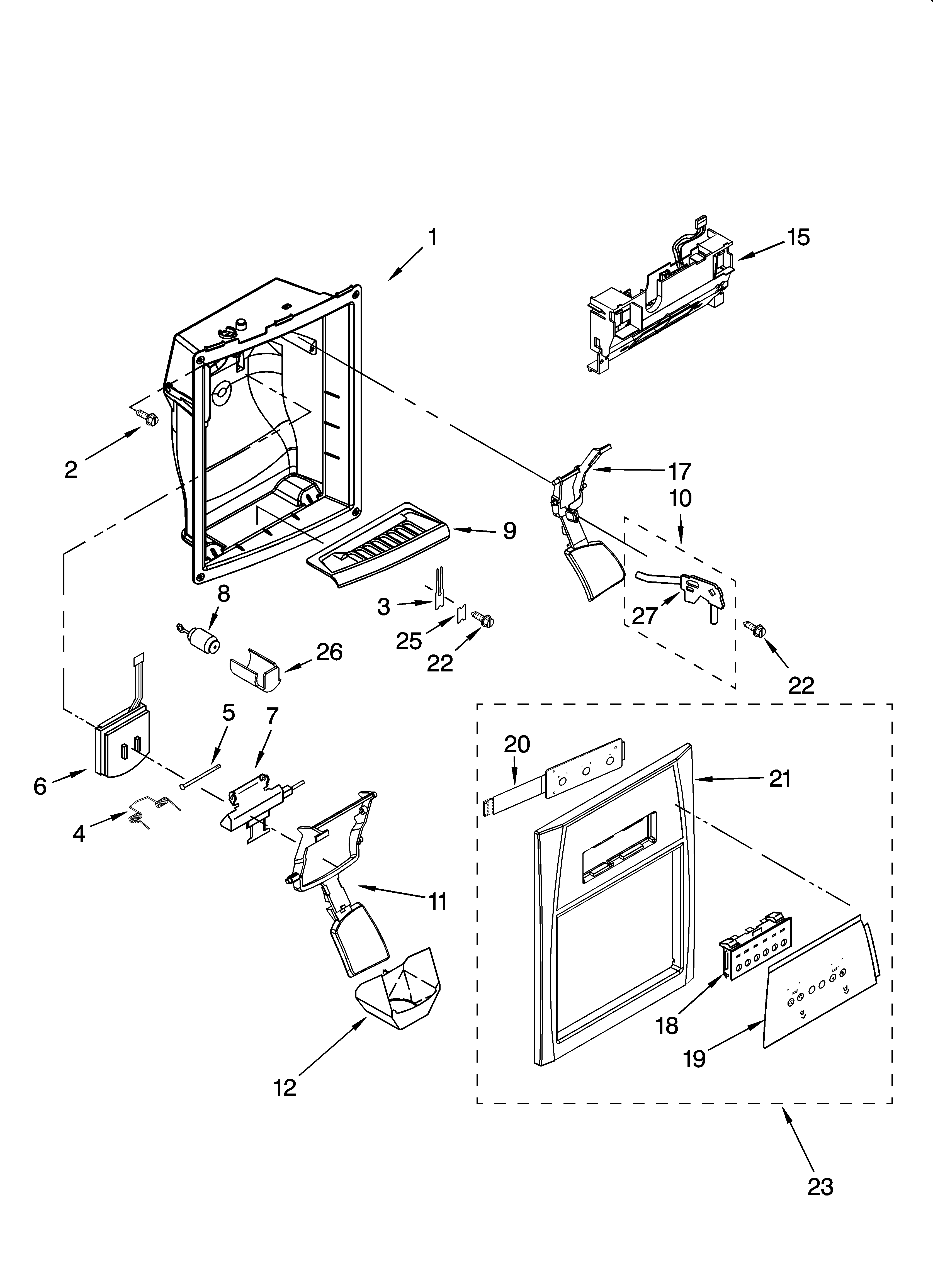 Whirlpool 7GS6SHEXPL01 dispenser front parts diagram