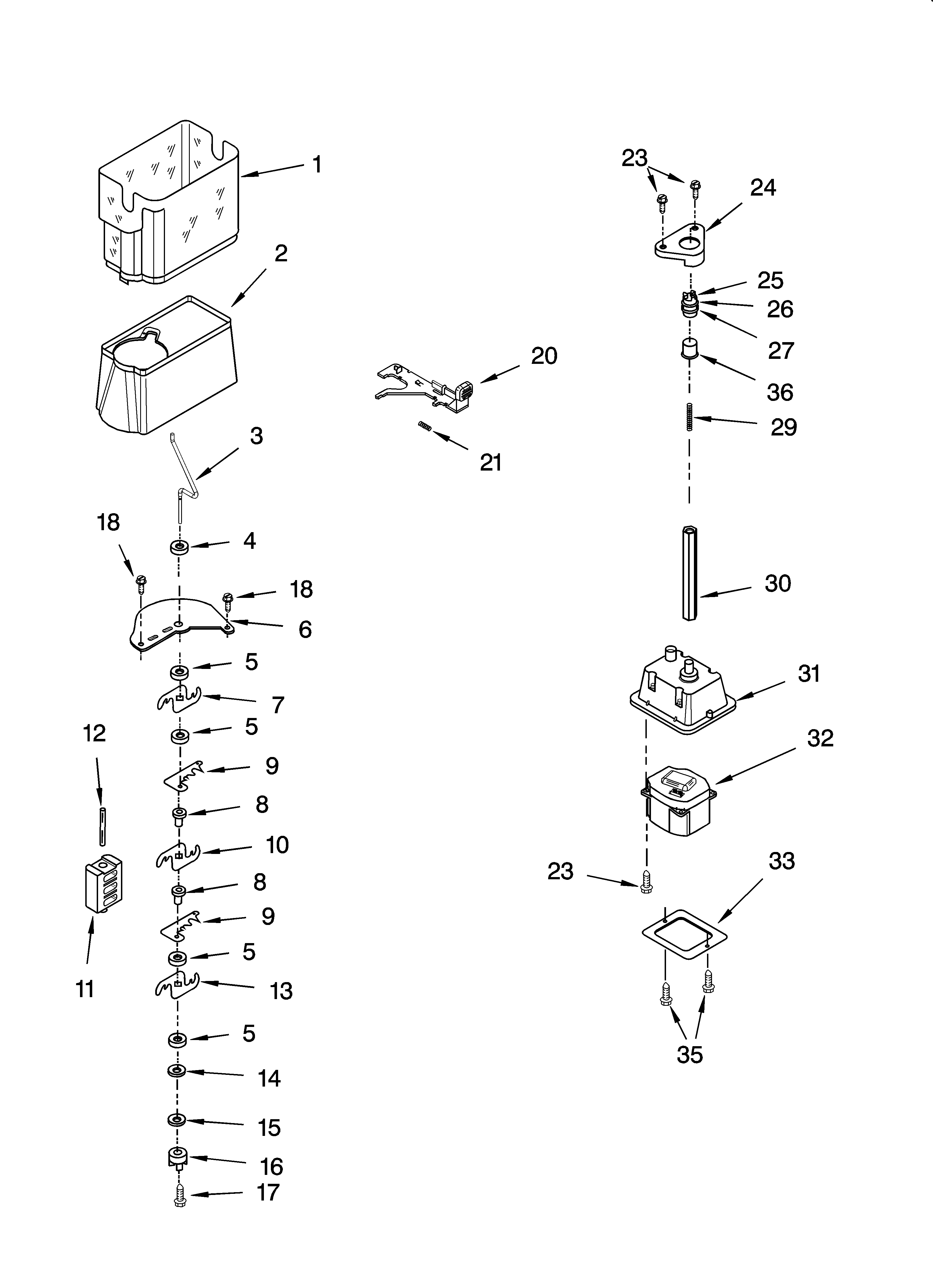 Whirlpool ES2FHAXSQ00 motor and ice container parts diagram