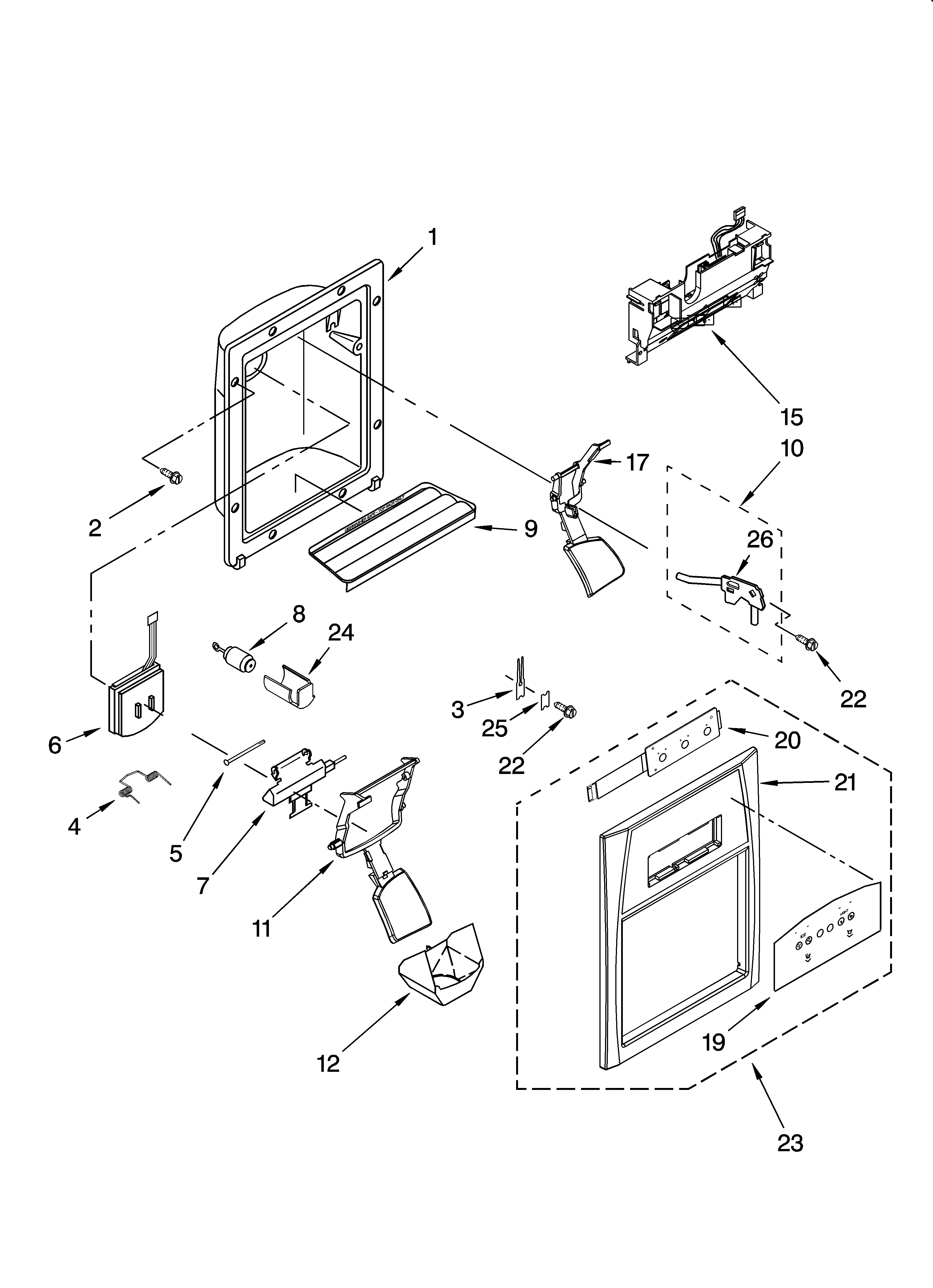 Whirlpool ES2FHAXSQ00 dispenser front parts diagram