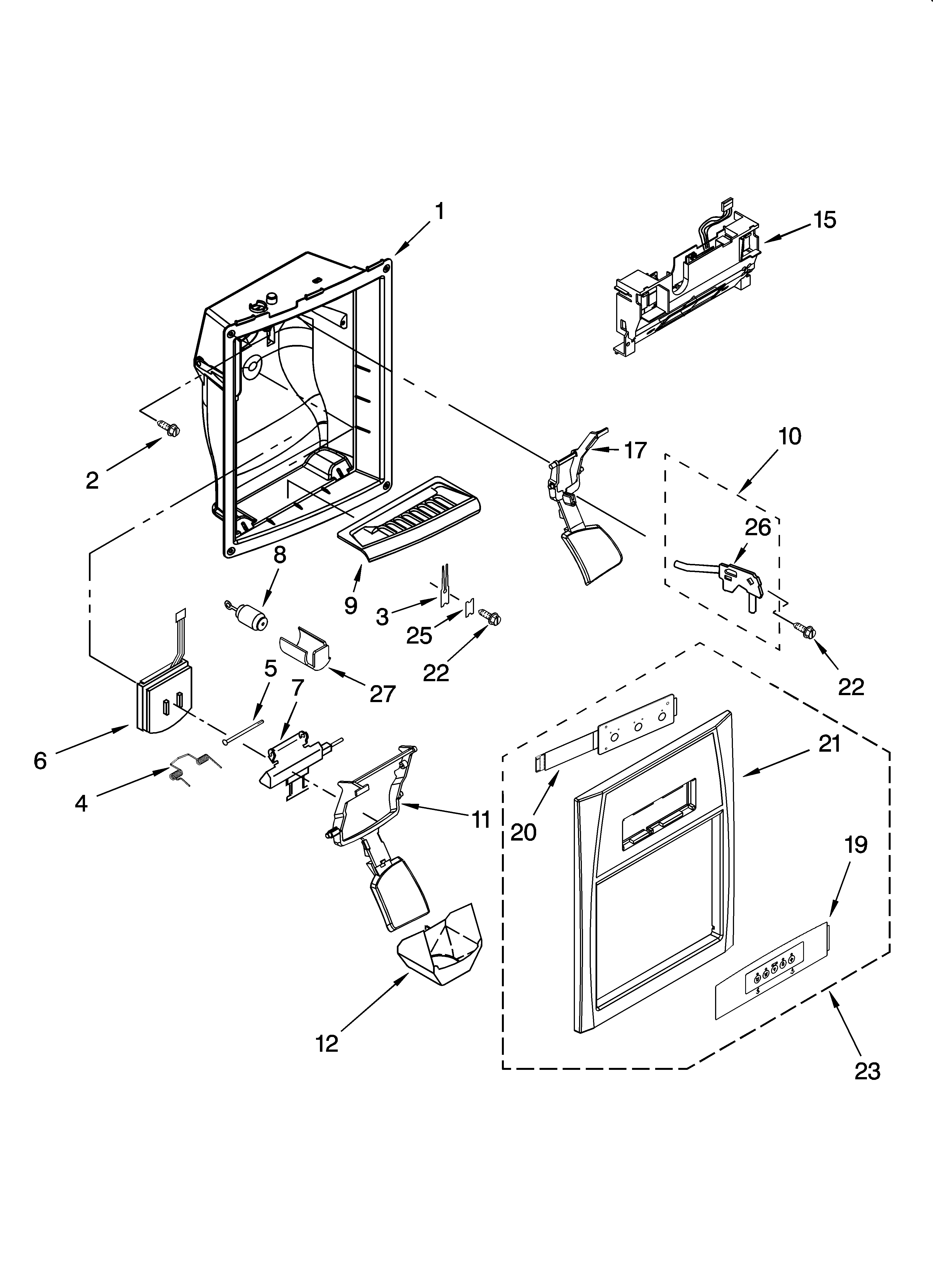 Whirlpool ES5LHAXSA00 dispenser front parts diagram