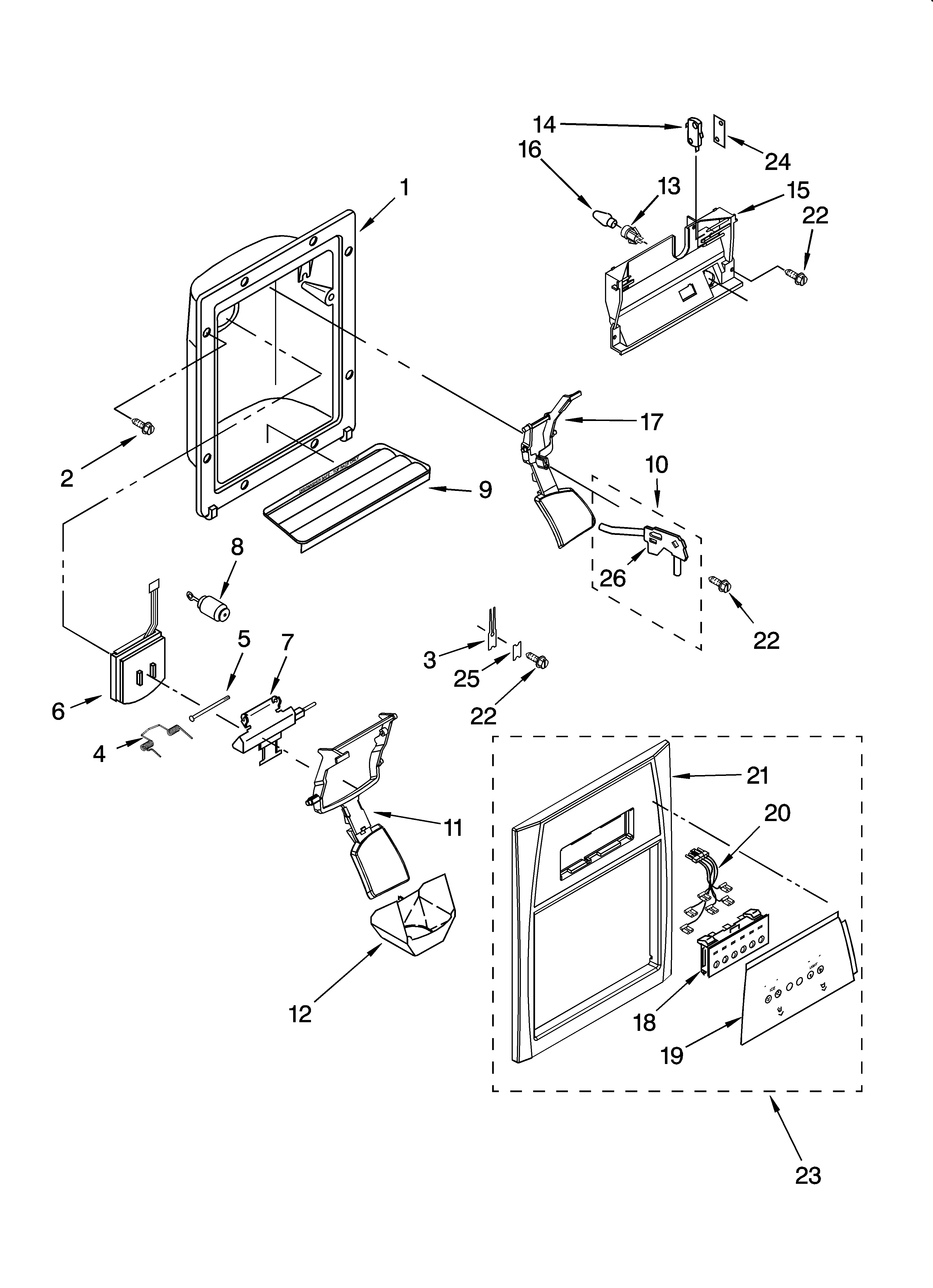 Whirlpool GD5RHAXSB00 dispenser front parts diagram