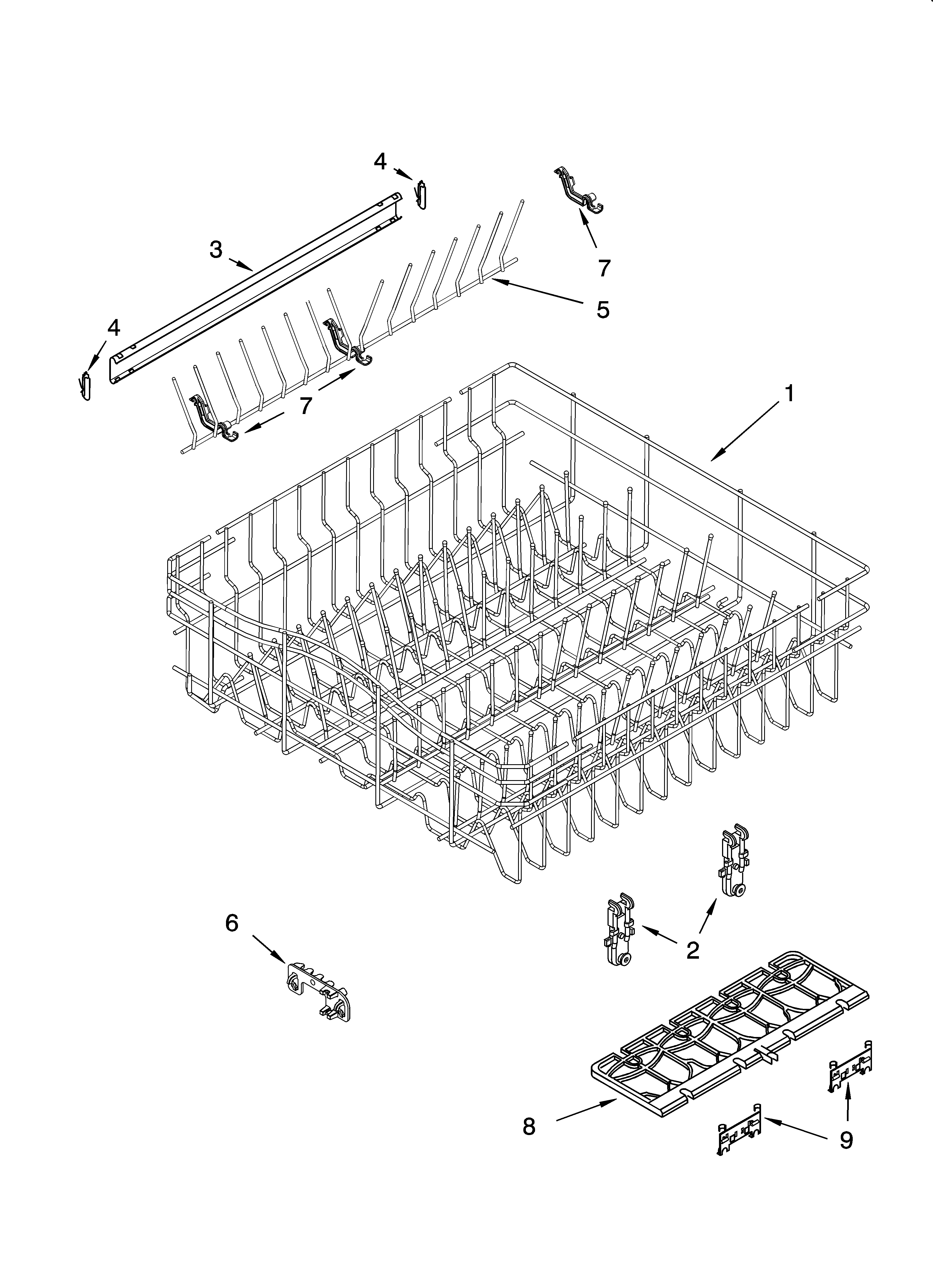 Whirlpool GU2400XTPQ1 upper rack and track parts diagram