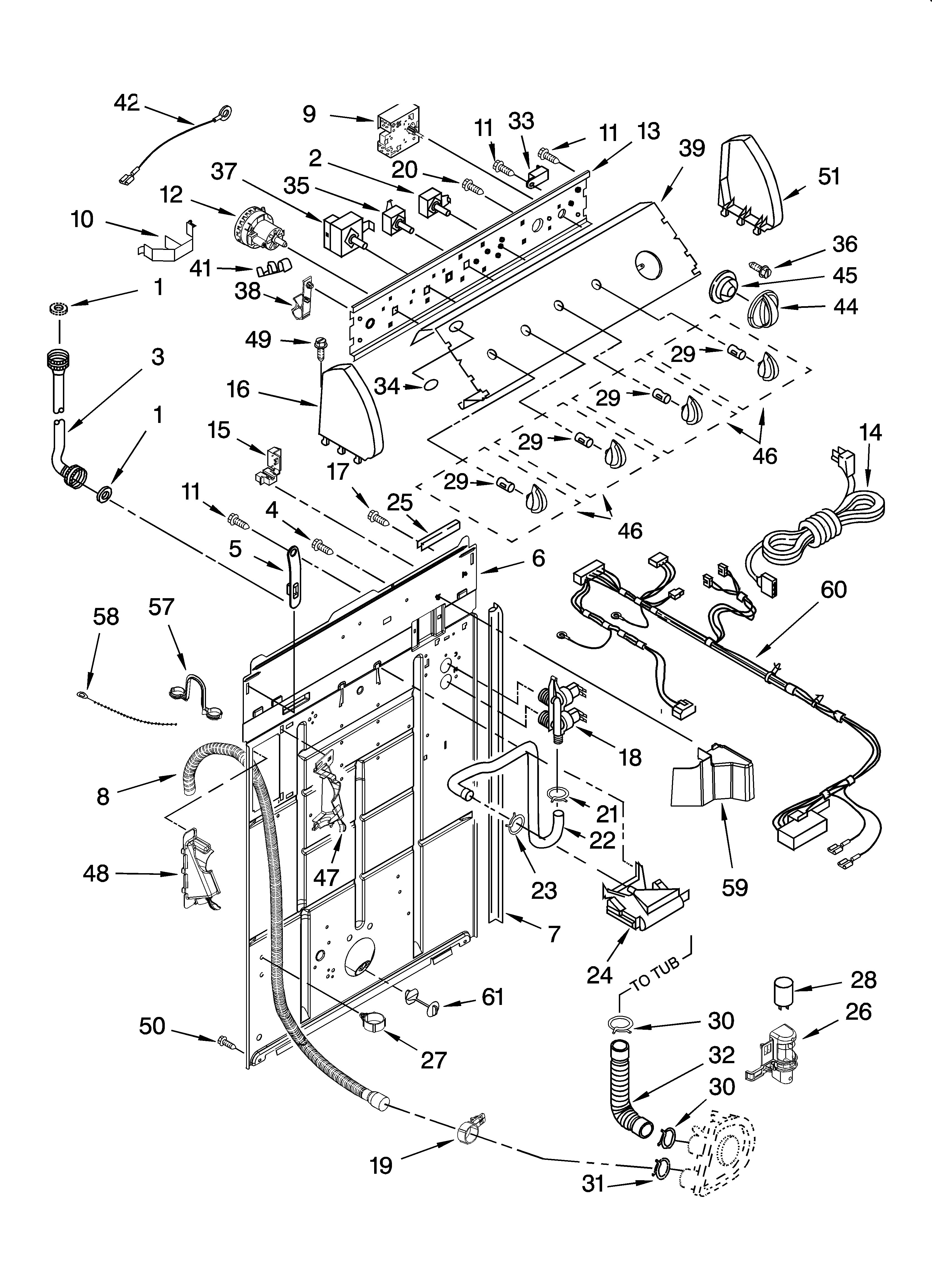 Whirlpool 7MLSC9900PW1 controls and rear panel parts diagram