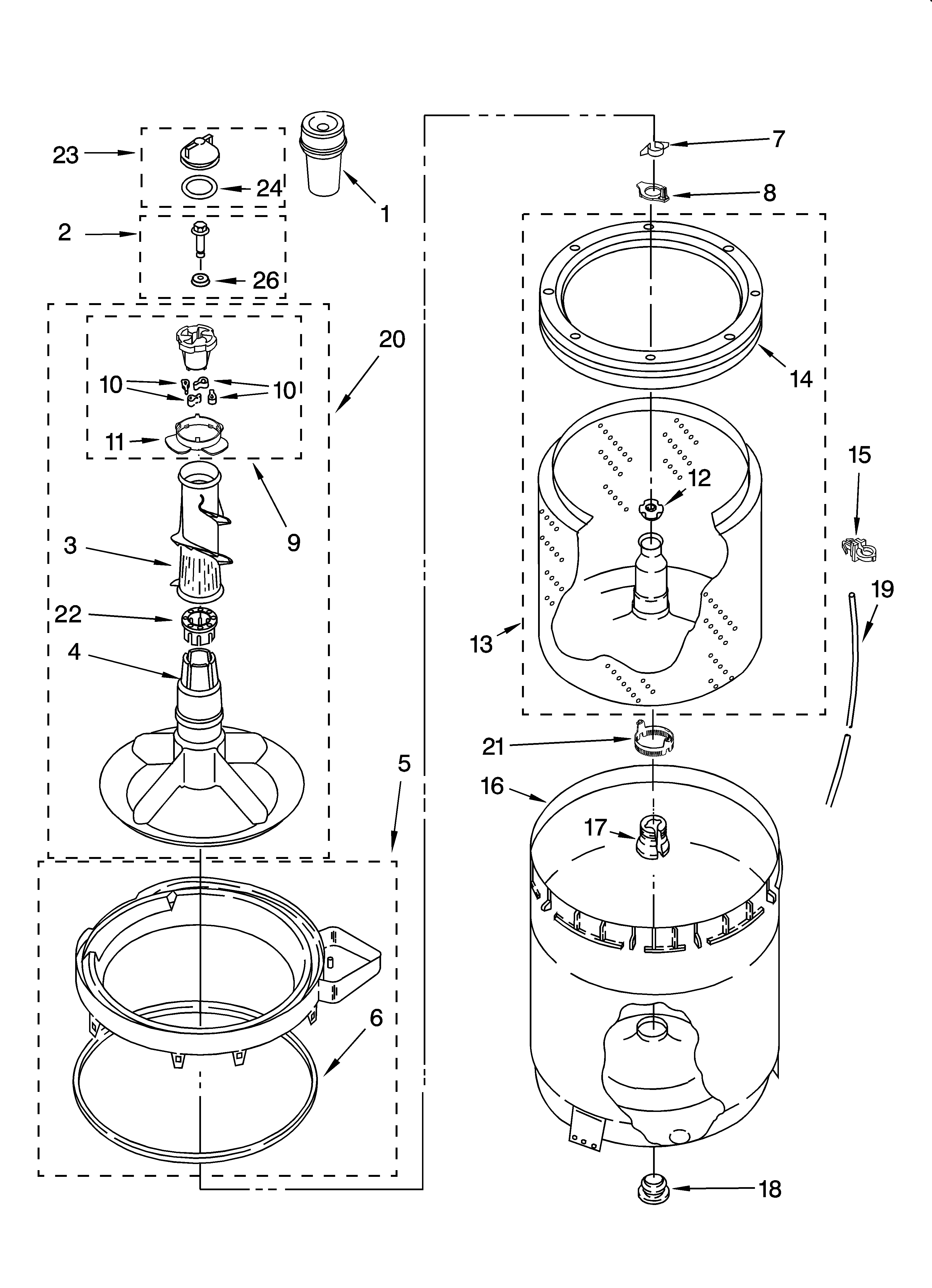 Whirlpool 7MLSC9900PW1 agitator, basket and tub parts diagram