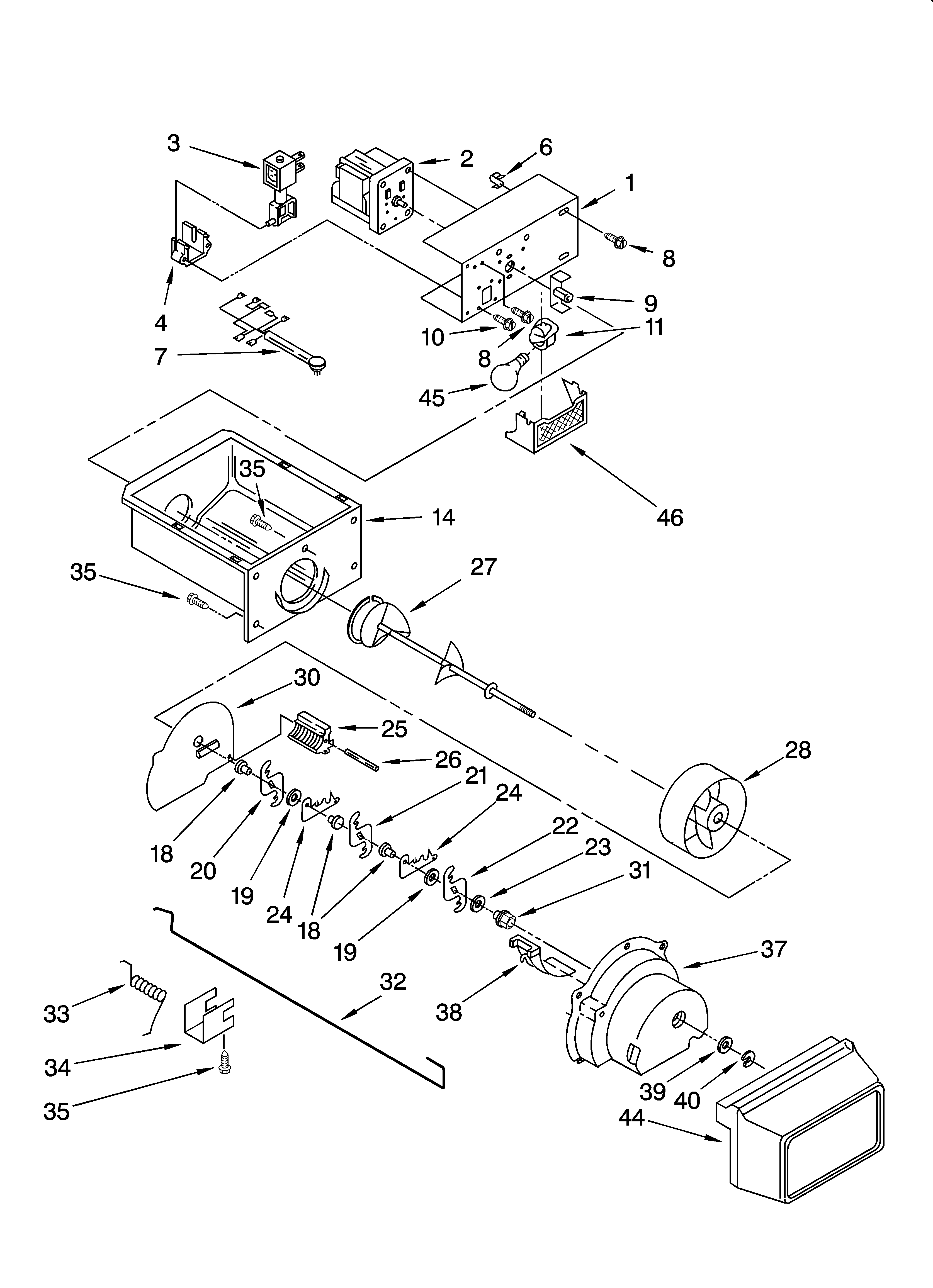 Whirlpool BRS70WRANA00 motor and ice container parts diagram