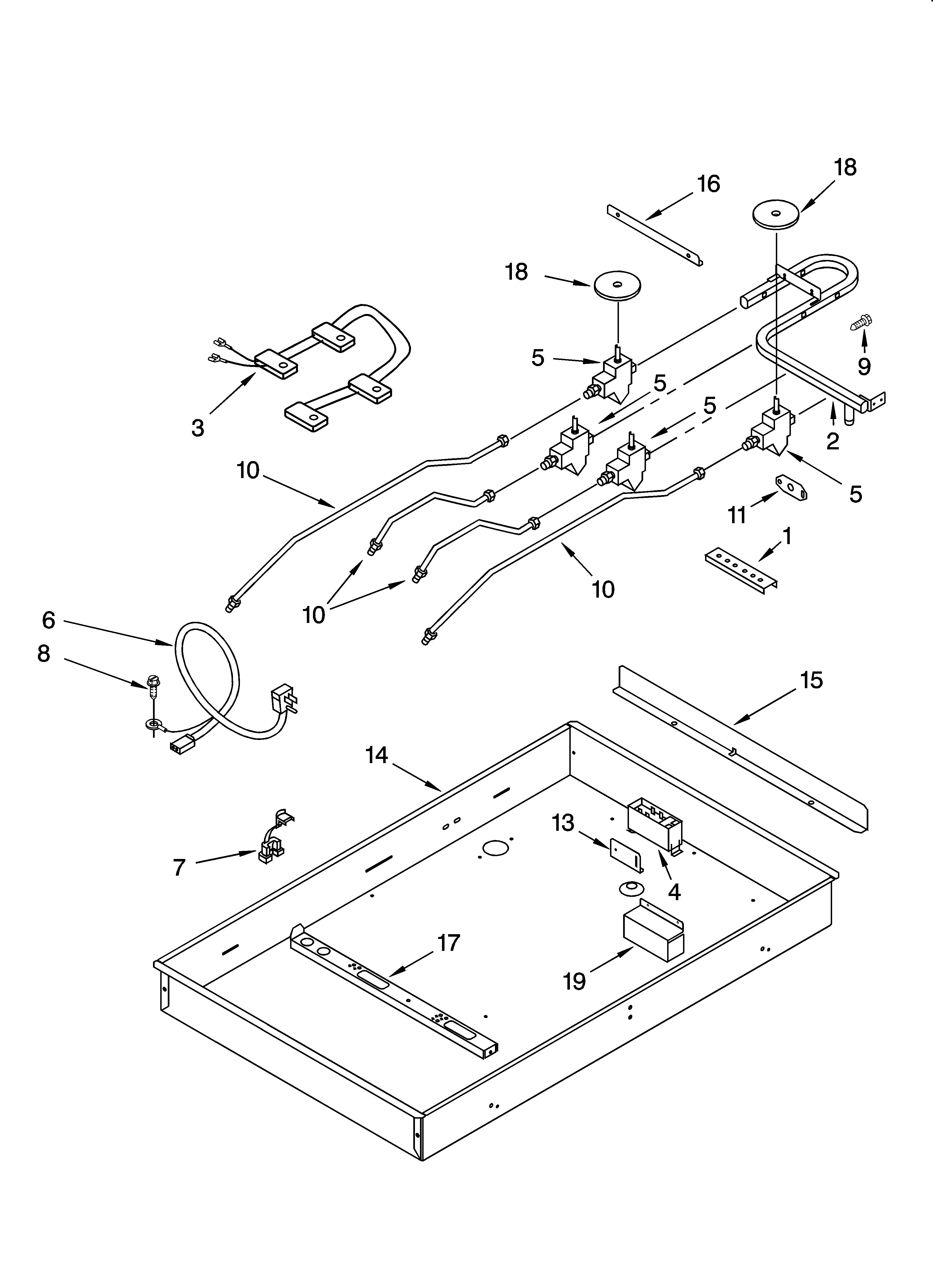 Whirlpool GLT3057RT00 burner box, gas valves, and switches diagram