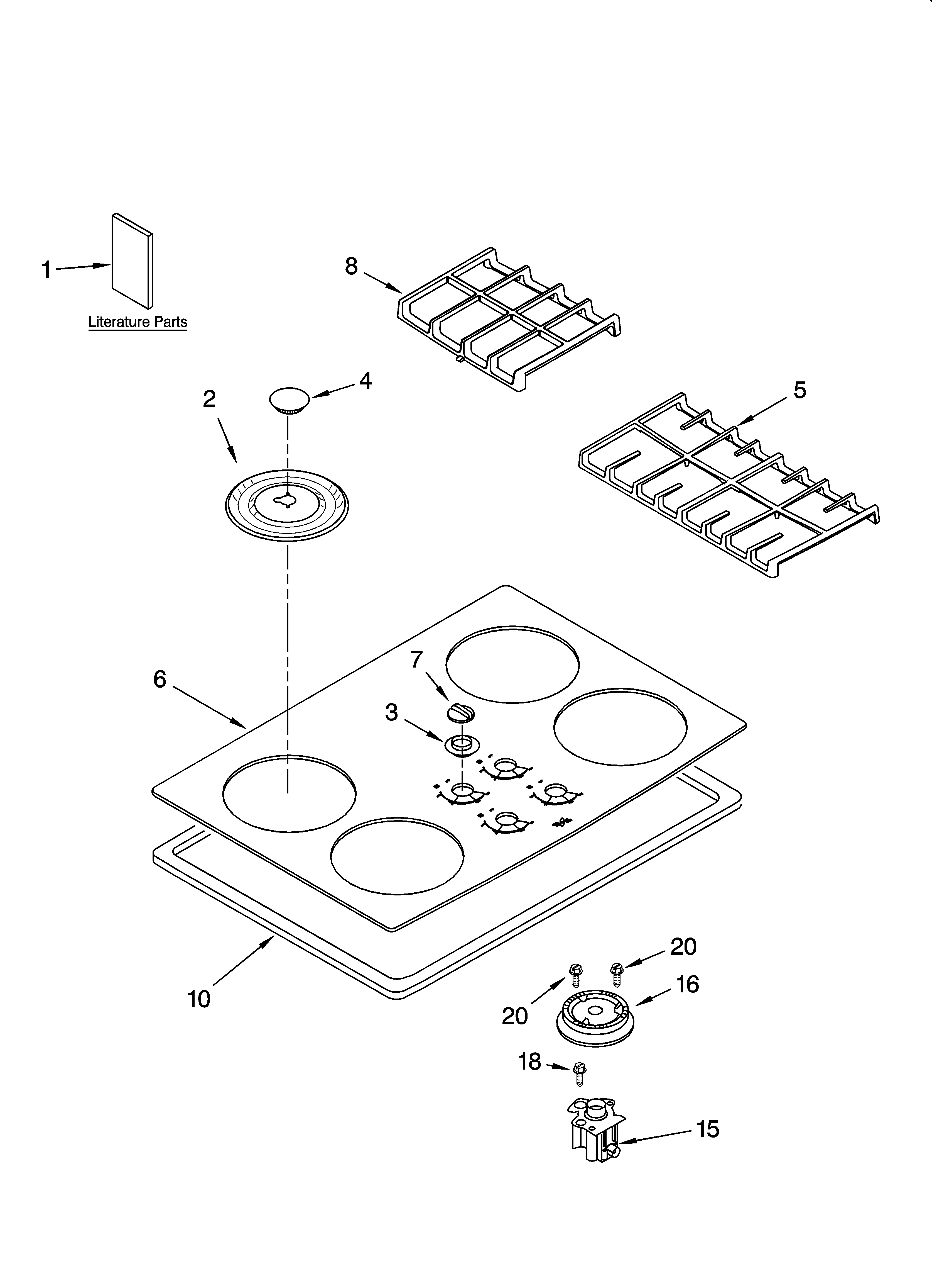 Whirlpool GLT3057RB01 cooktop, burner and grate parts diagram