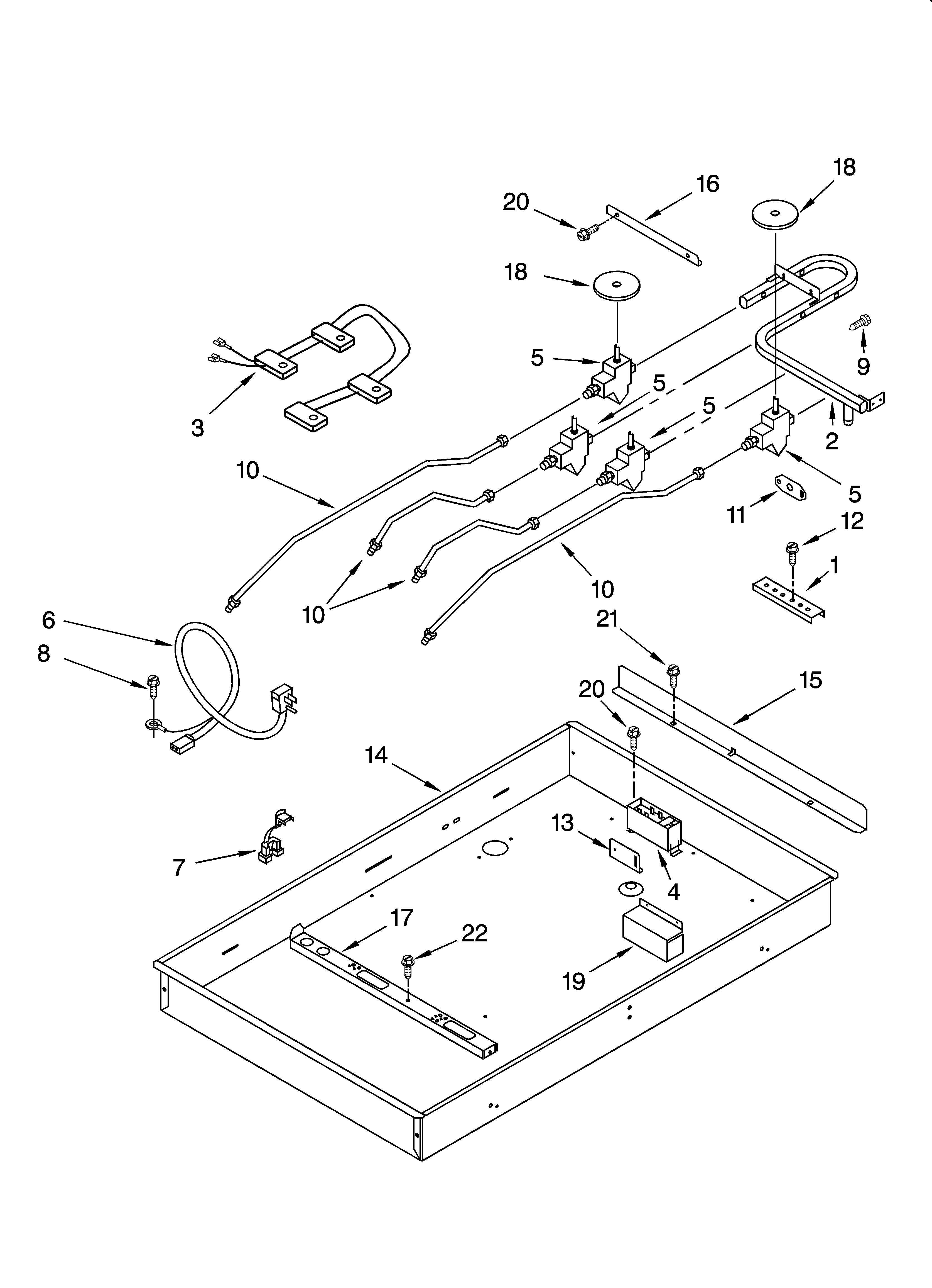 Whirlpool GLT3057RB01 burner box, gas valves, and switches diagram