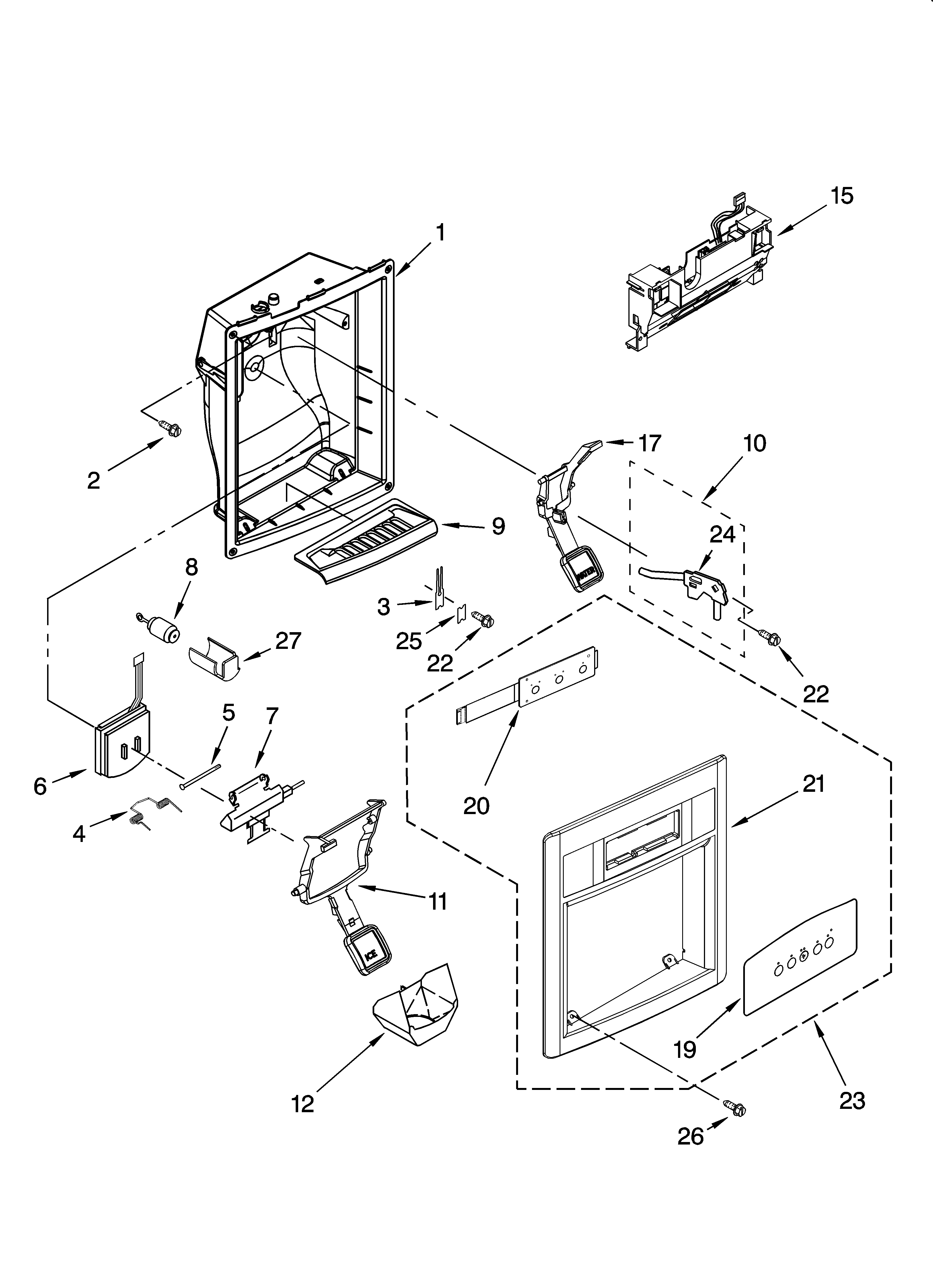 KitchenAid KSRY25CRMS00 dispenser front parts diagram