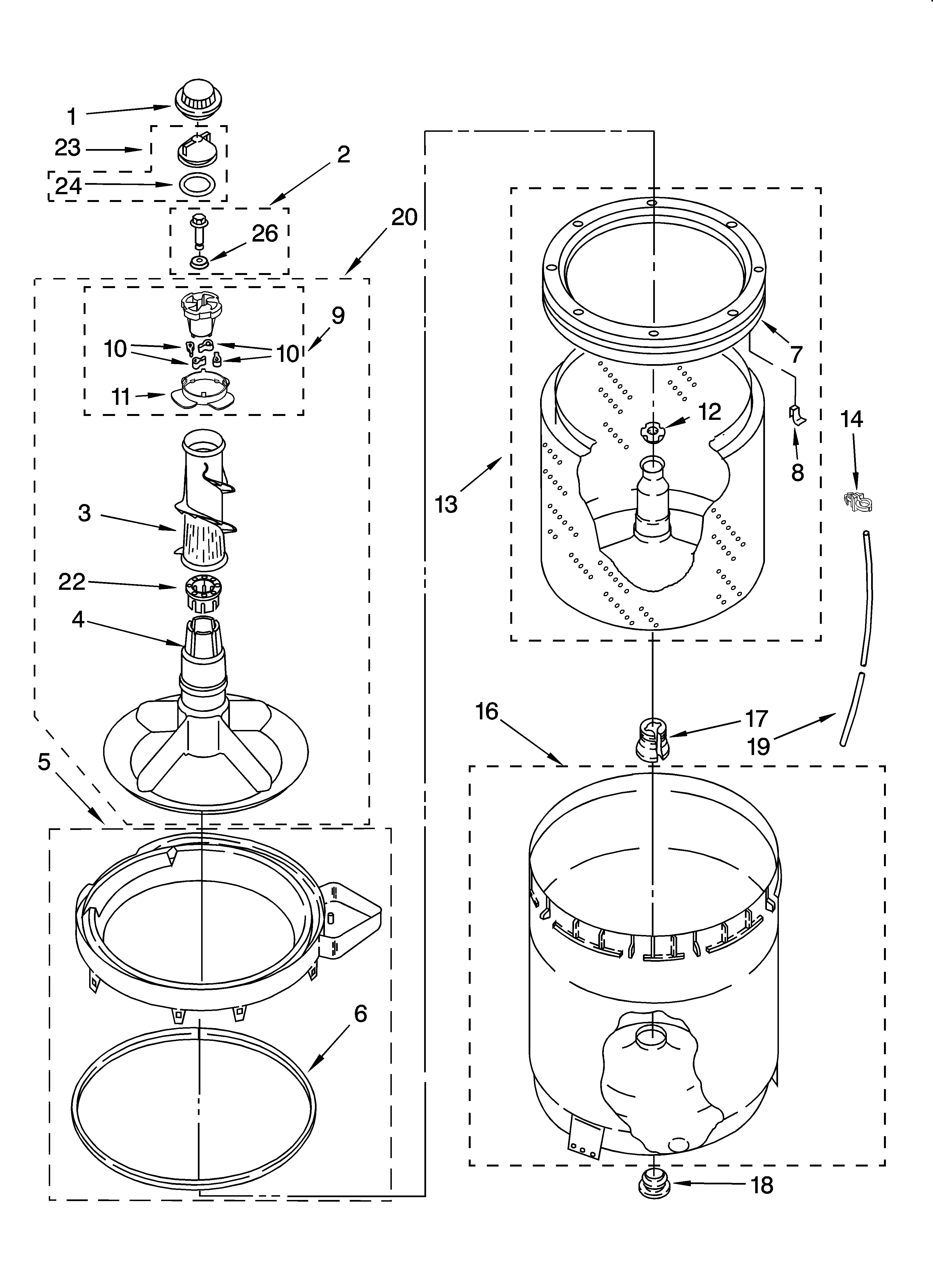 Whirlpool LXR7244PT1 agitator, basket and tub parts diagram