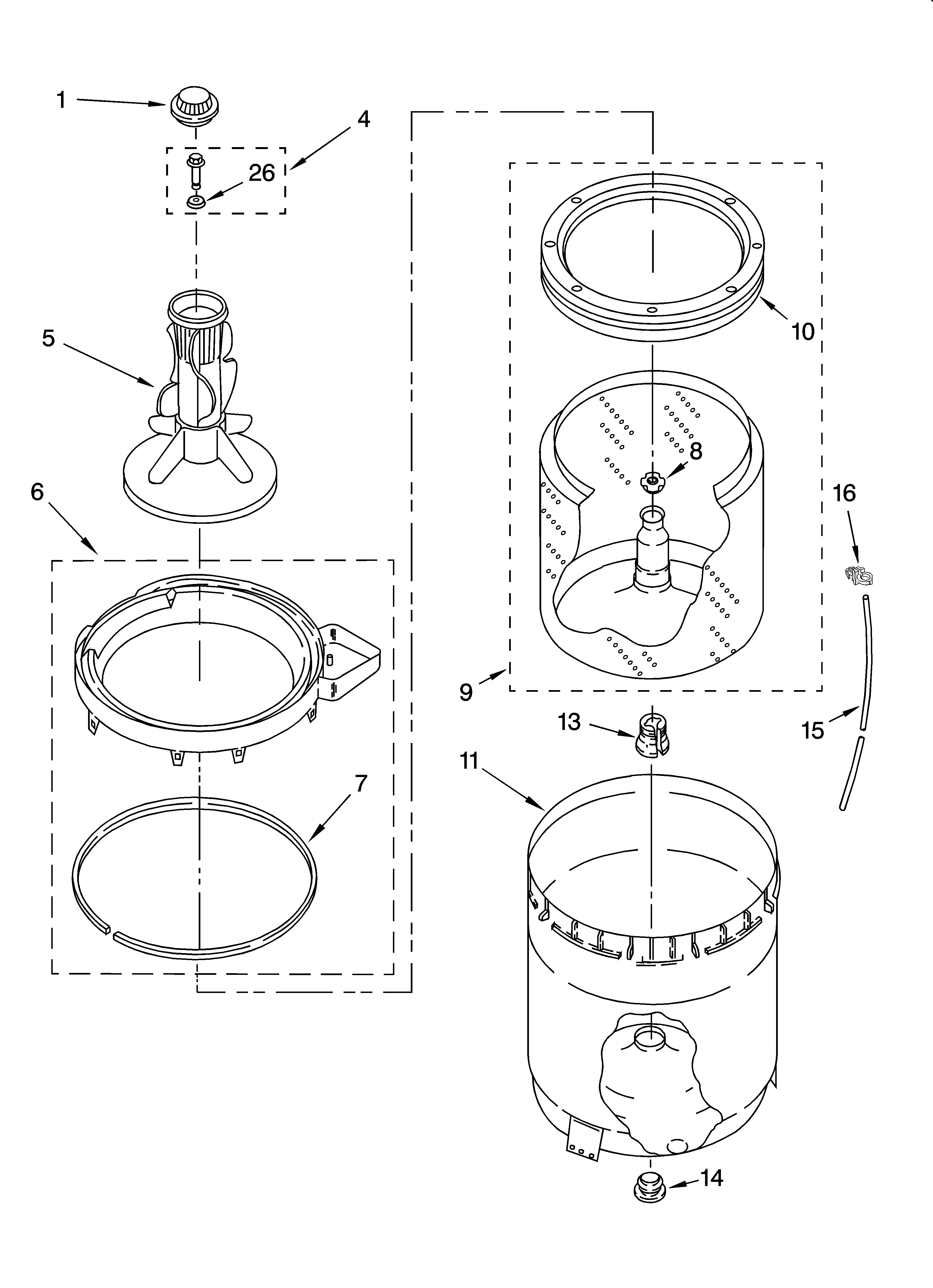 Roper RAS7133RQ0 agitator, basket and tub parts diagram