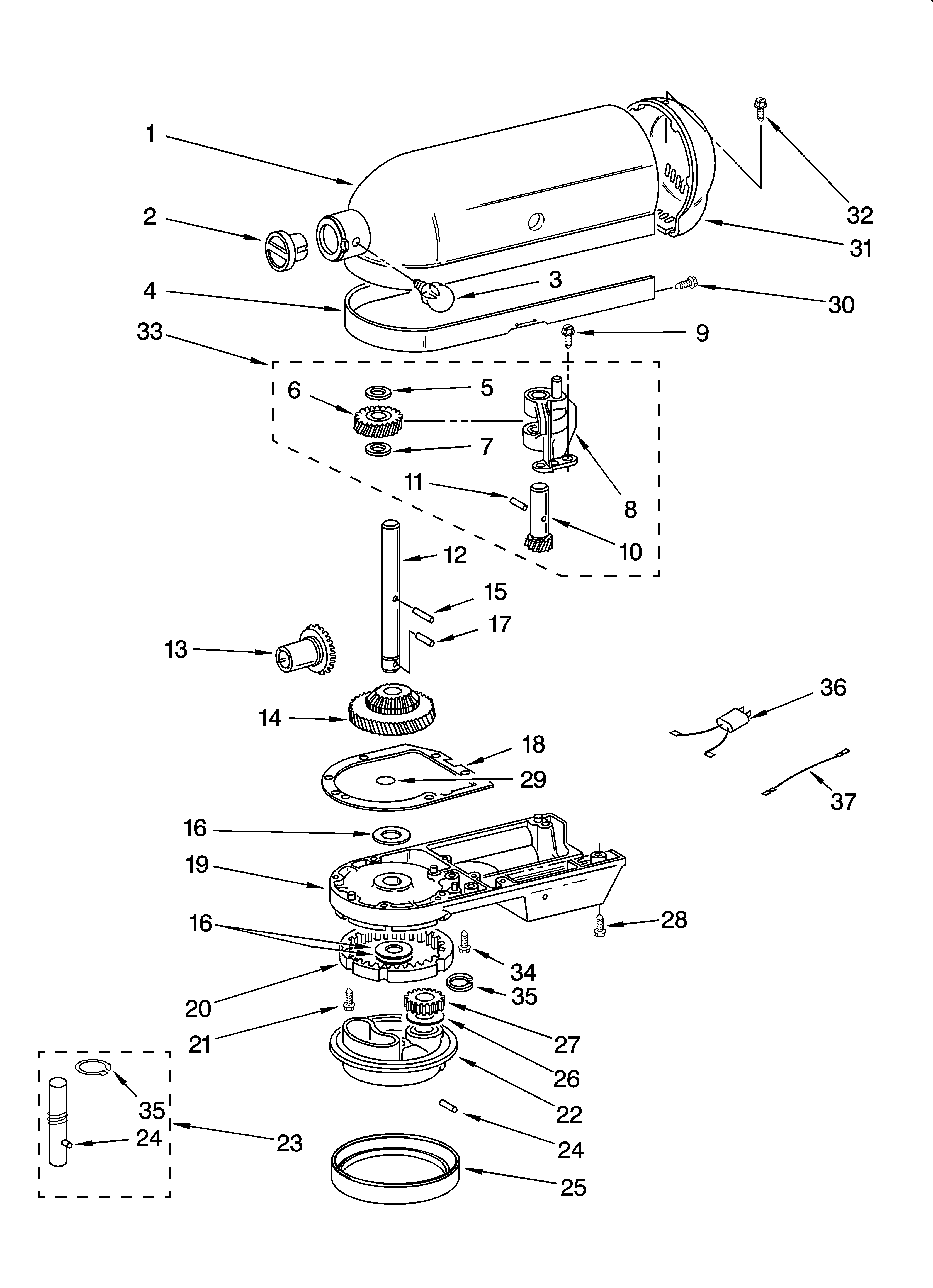 KitchenAid 5K5SSAWH1 case, gearing and planetary unit diagram
