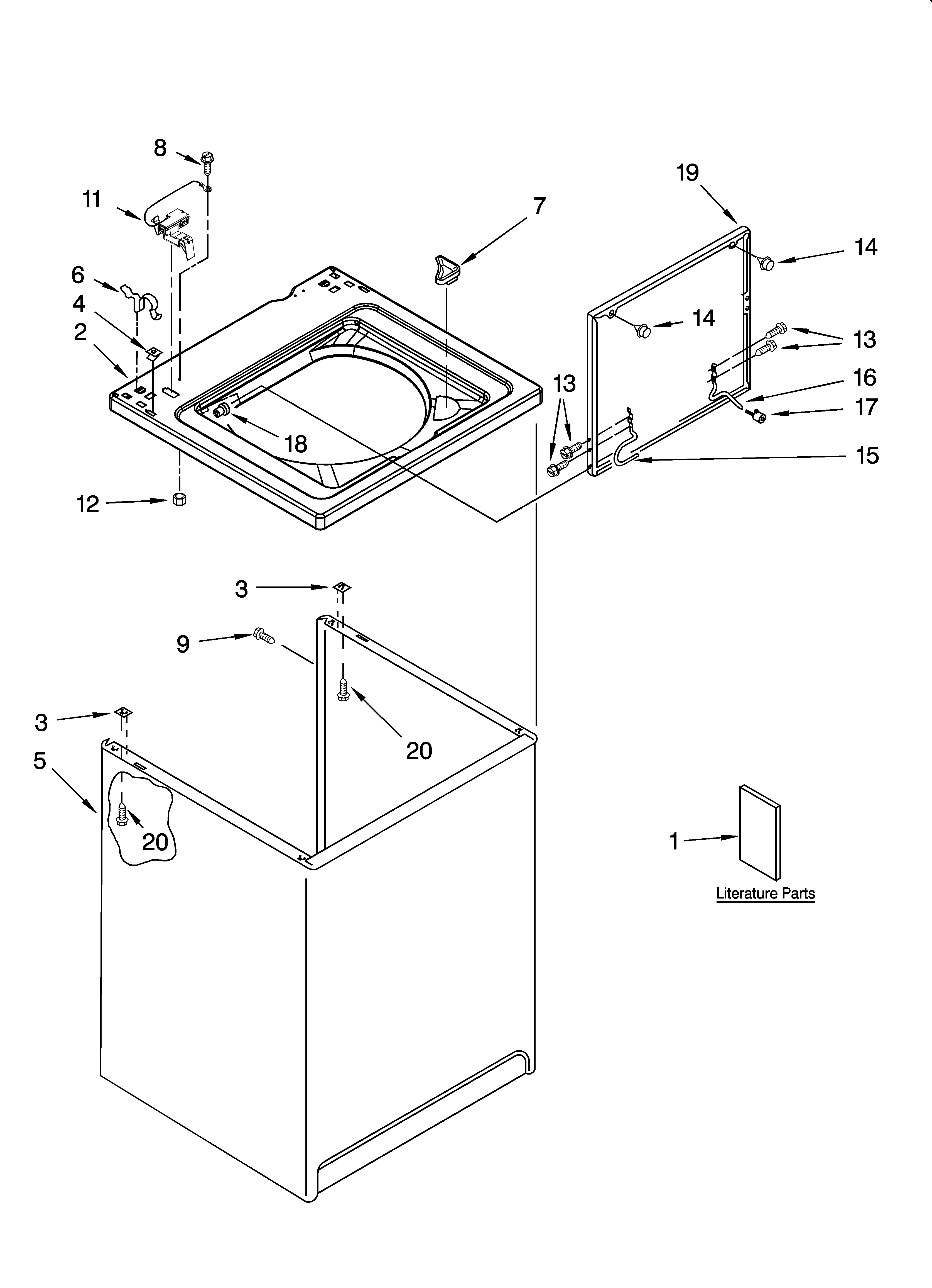 Whirlpool 6ALSR7244MW3 top and cabinet parts diagram