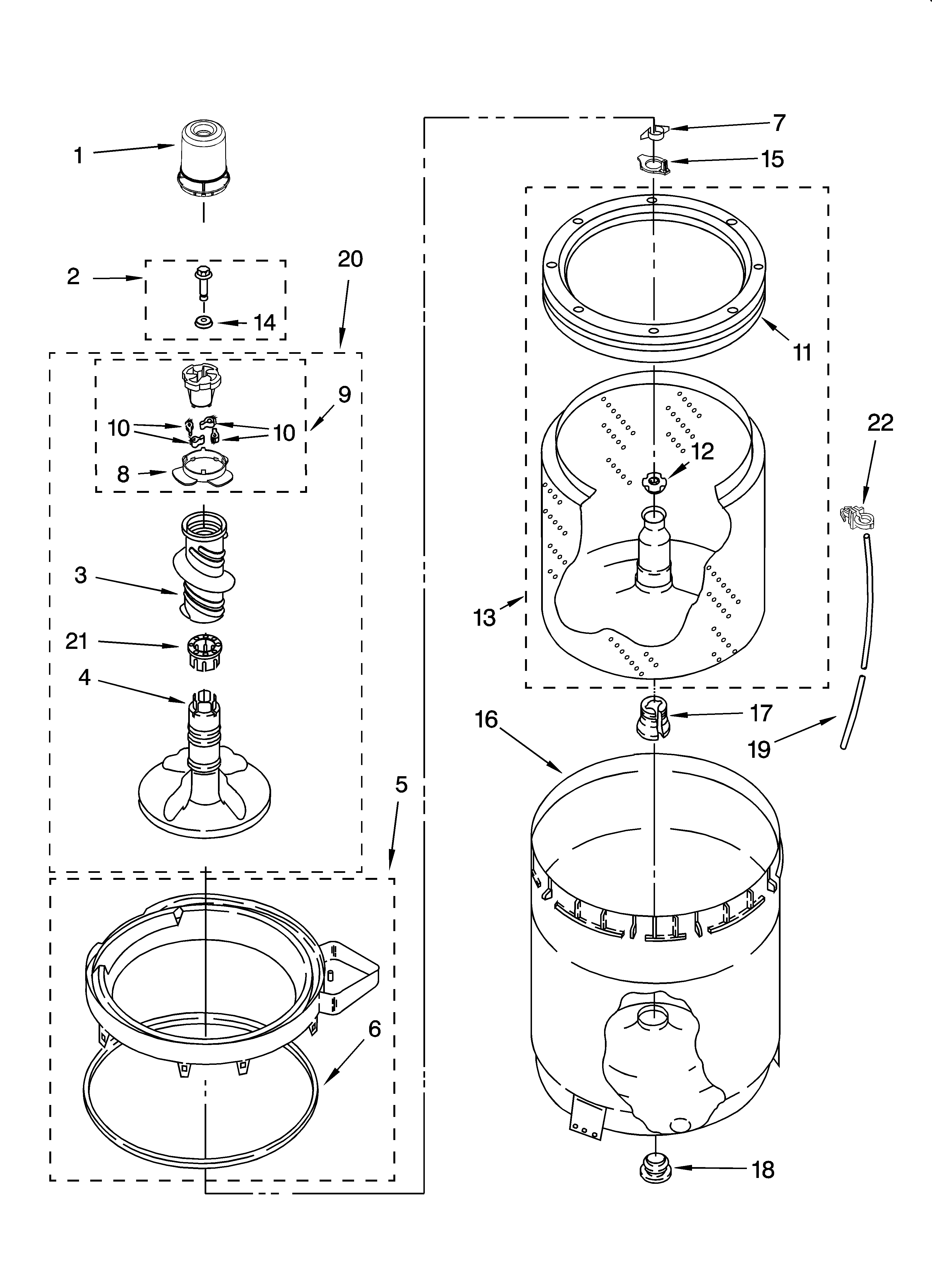 Whirlpool 6ALSR7244MW3 agitator, basket and tub parts diagram
