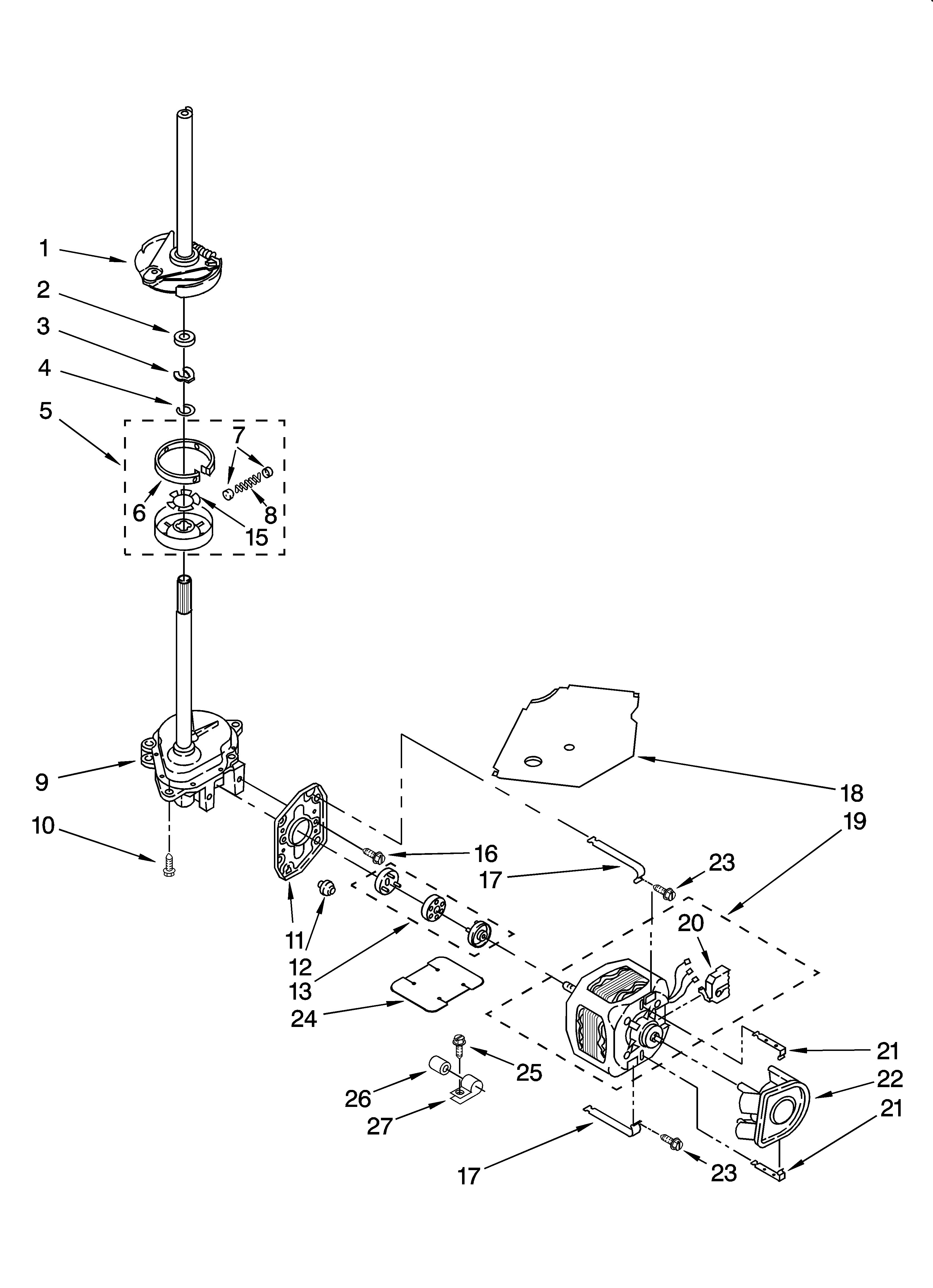 Whirlpool 6ALSR7244MW3 brake, clutch, gearcase, motor and pump parts diagram