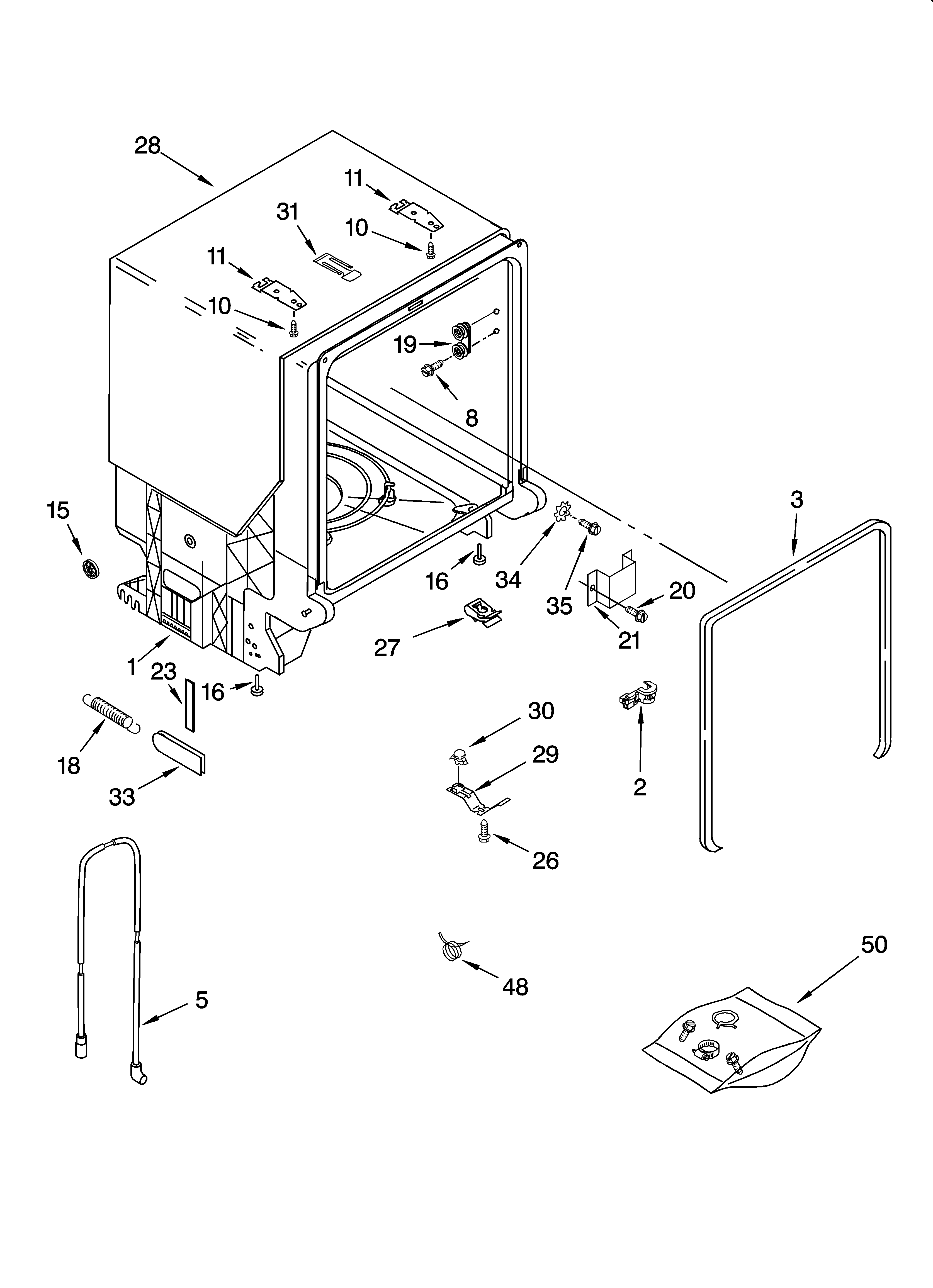 Whirlpool DU1201XTSQ0 tub and frame parts diagram